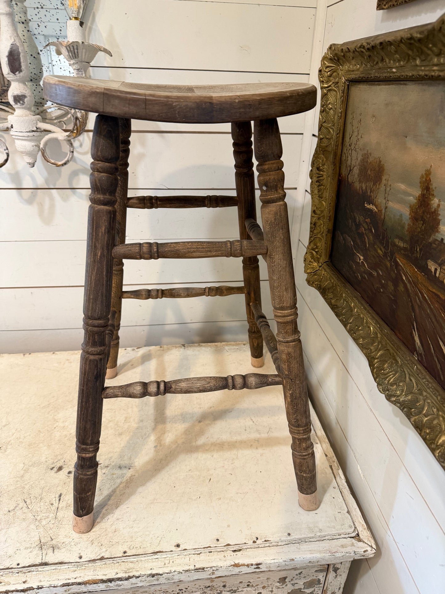 Vintage Wooden Stool With Bowed Seat