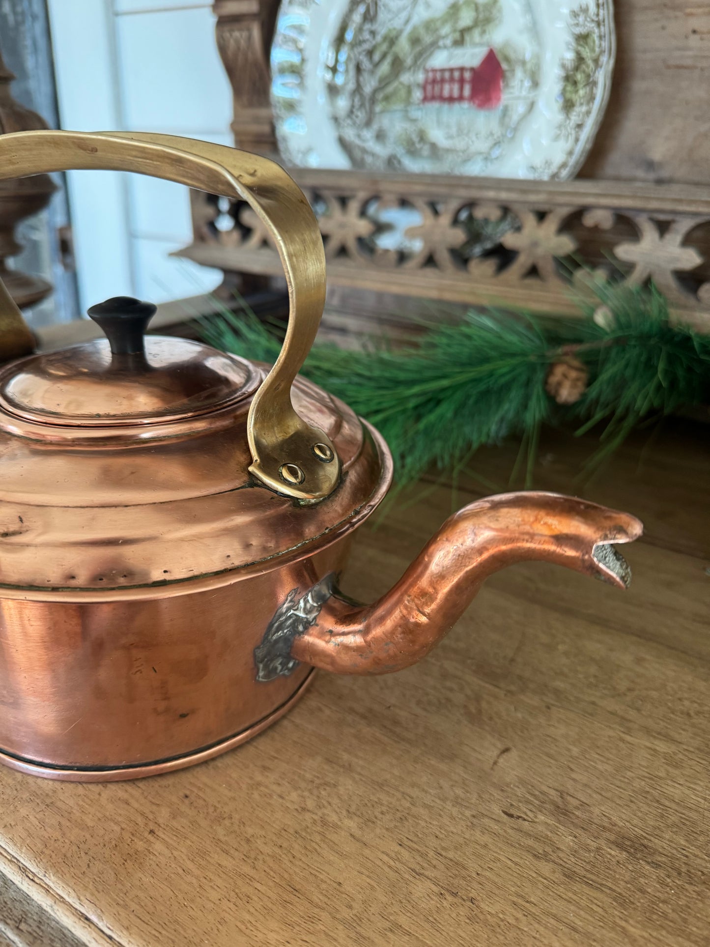 Antique English Copper Kettle with Brass Handle