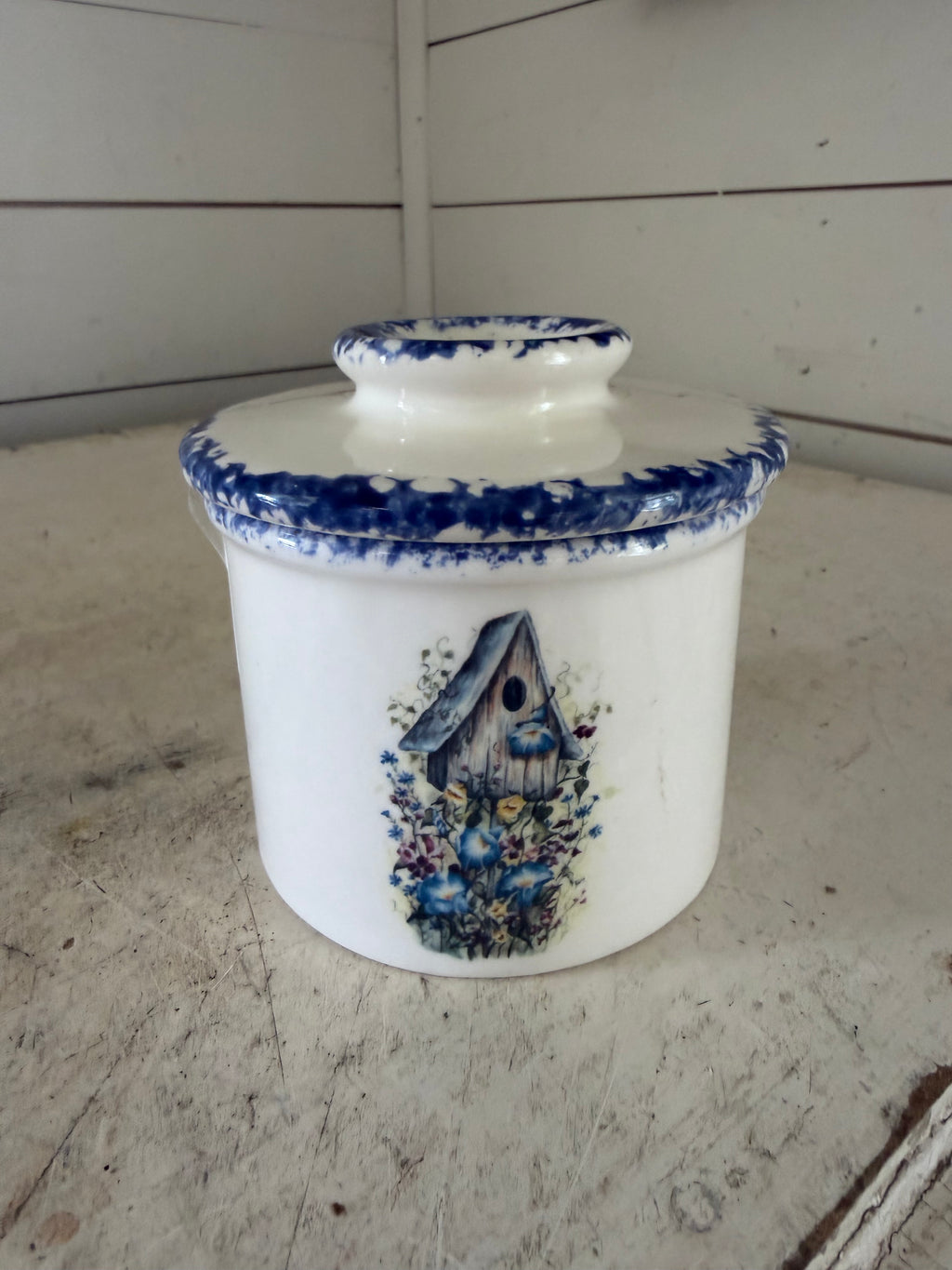 White with blue sponge wear birdhouse French butter crock