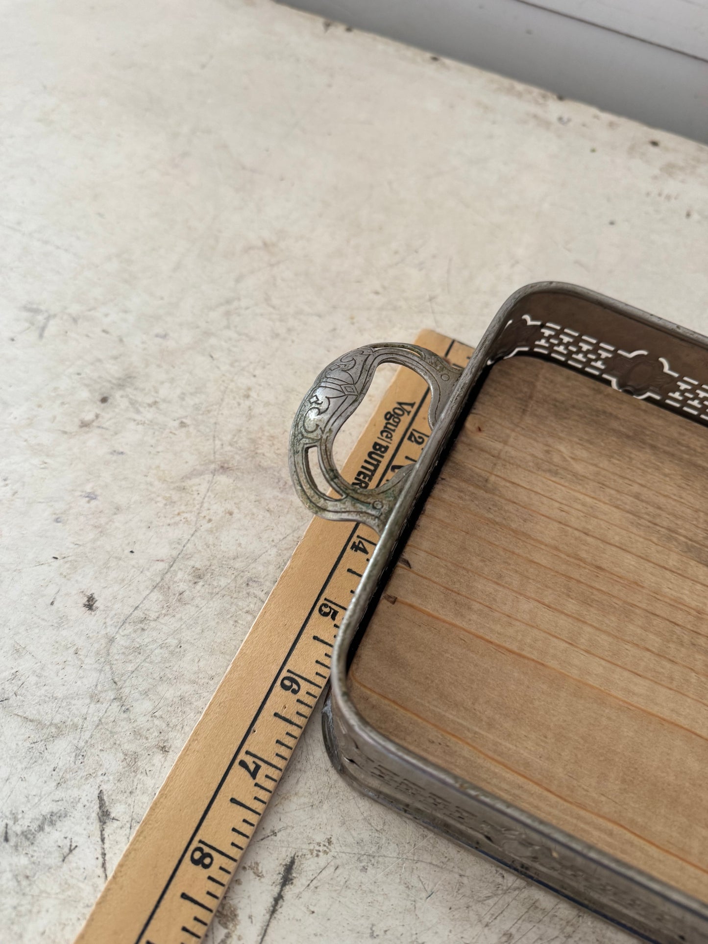 Vintage Tarnished Silver Tray with Wood Bottom