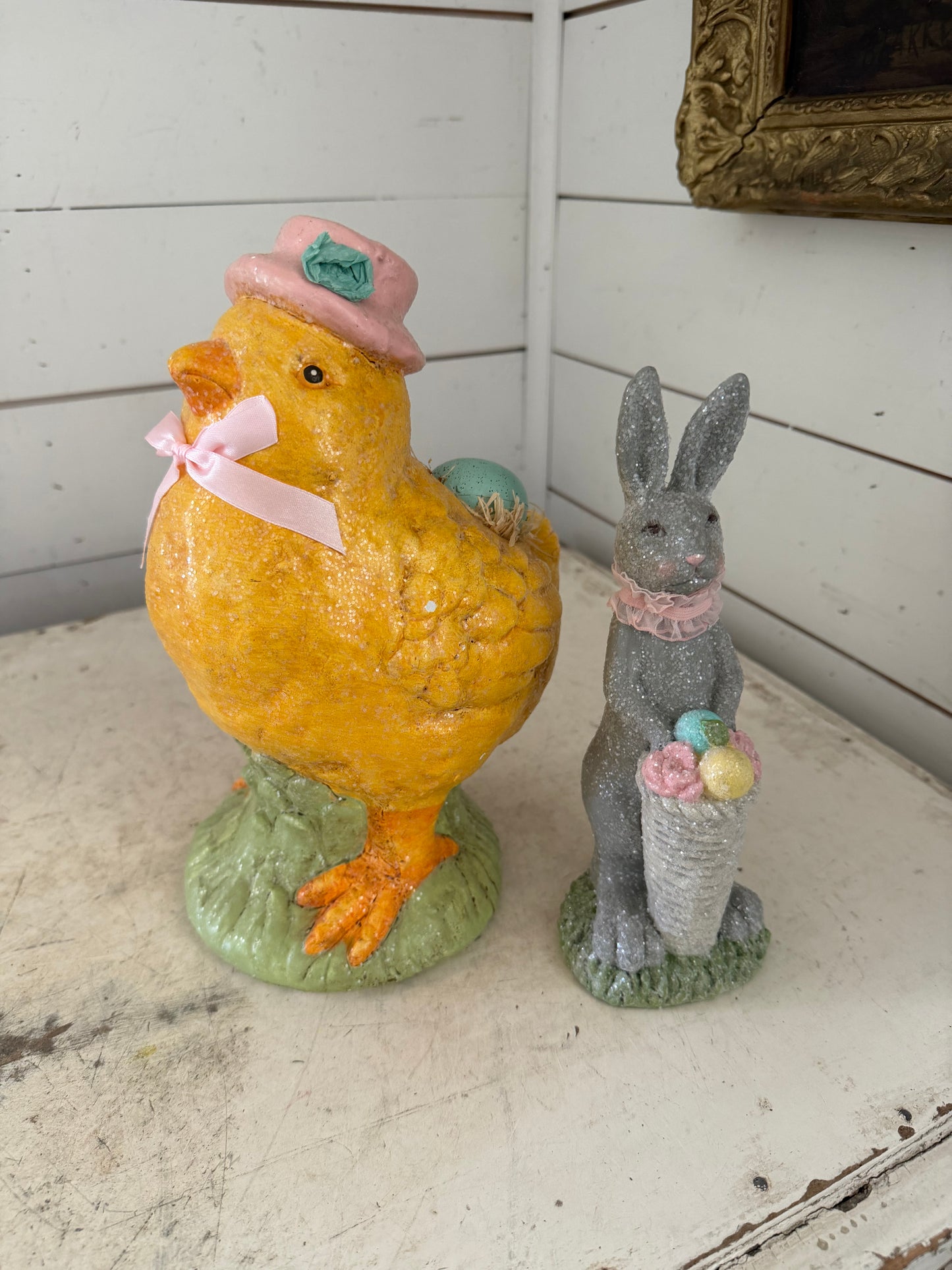 Glittered Easter decorations chicken and bunny
