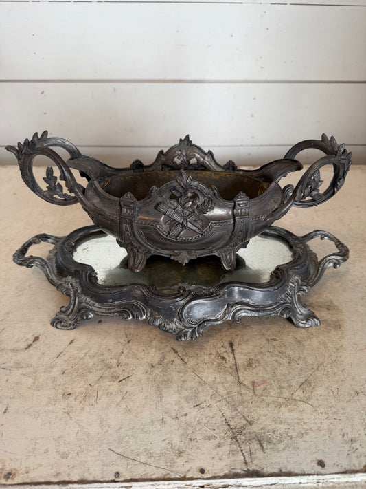 antique French jardiniere, decorative centerpiece or planter, with a mirrored stand