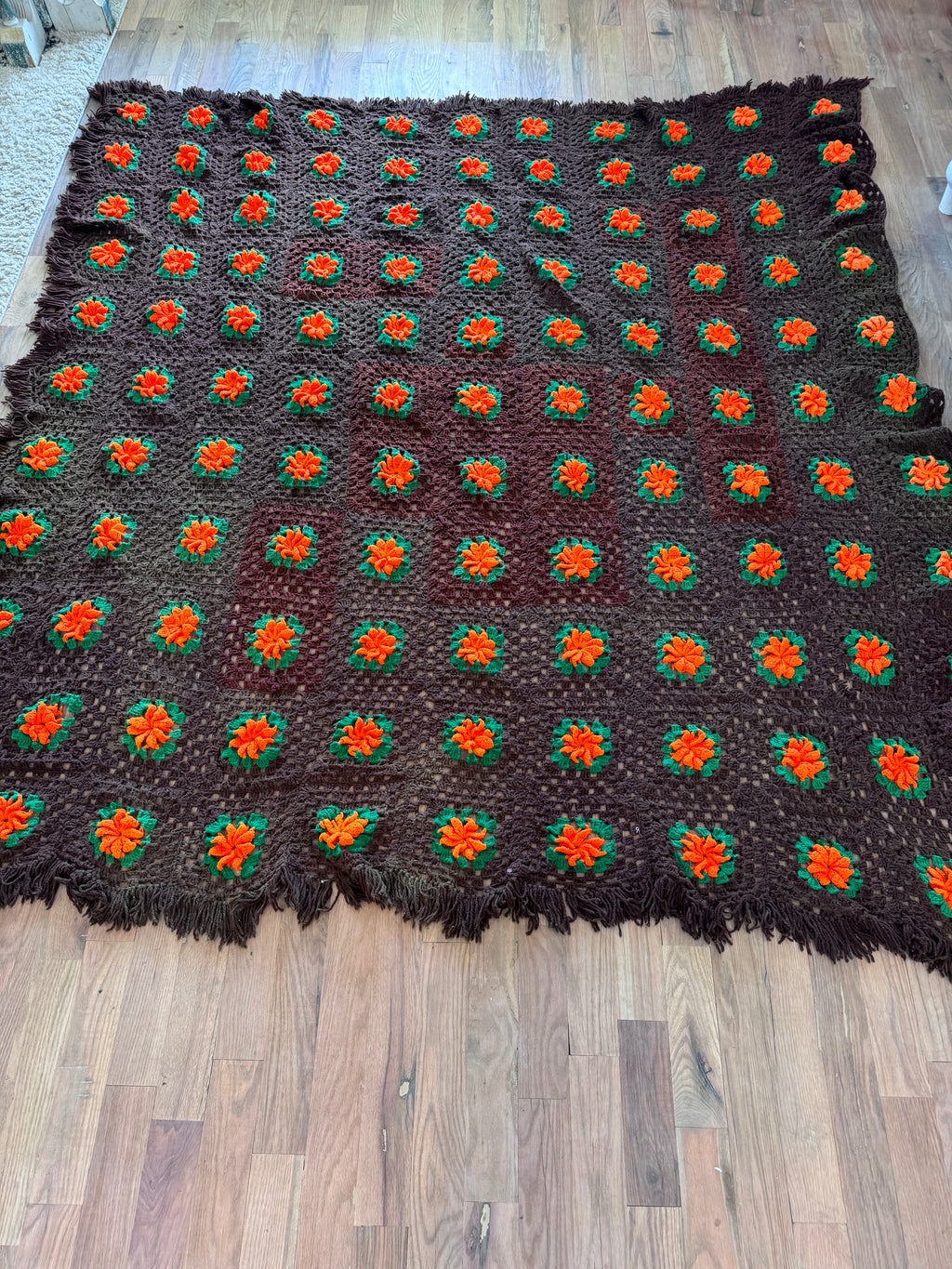Vintage brown Afghan with raised Poppy Design - Queen