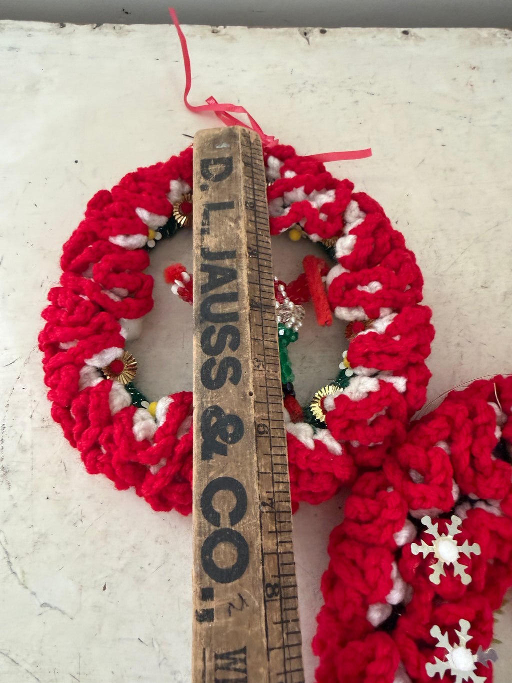 Set of vintage handmade crocheted Christmas wreath ornaments