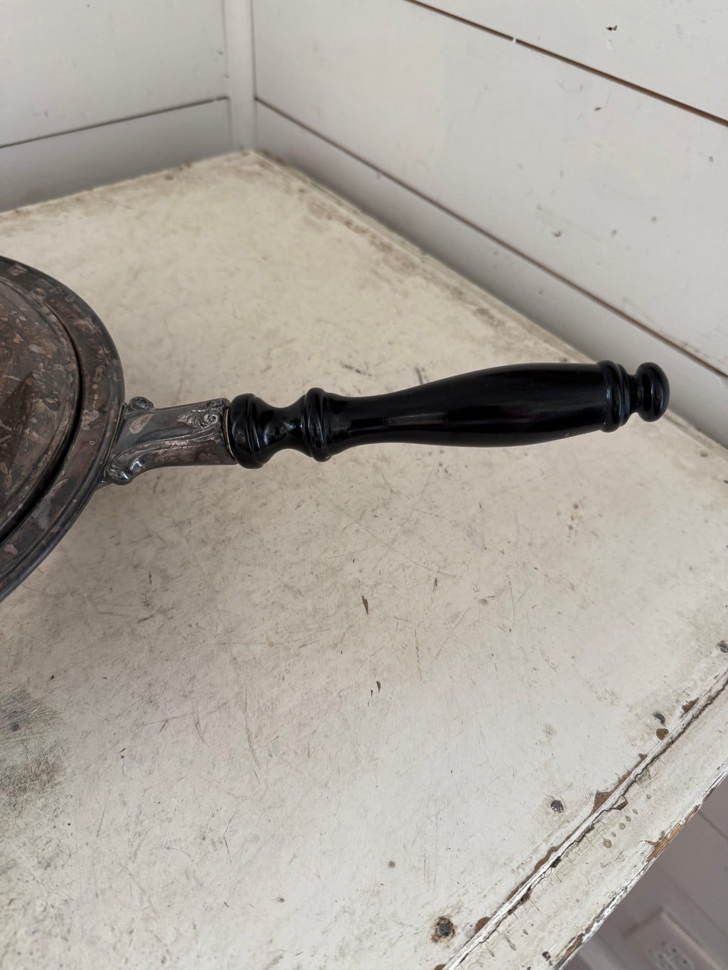 Vintage Silver Plate Round Chafing Dish Wood Handle