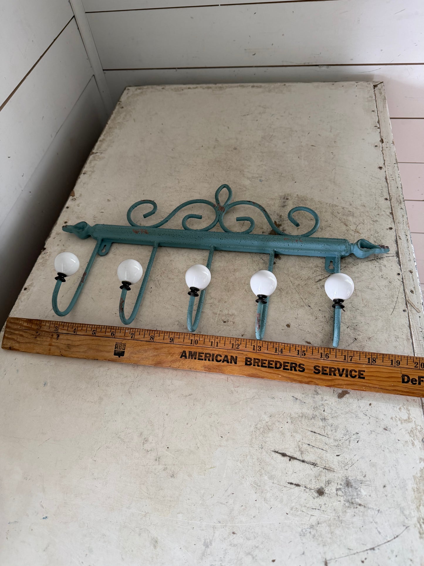 Green Wrought Iron Coat Rack With Porcelain Knobs