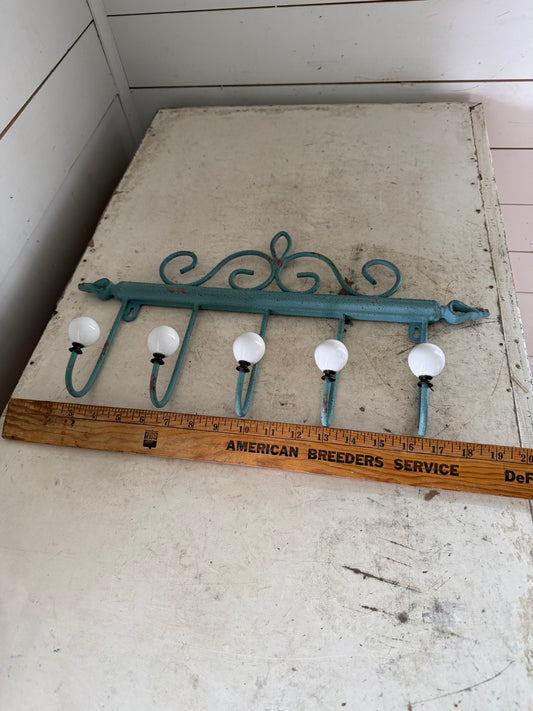 Green Wrought Iron Coat Rack With Porcelain Knobs