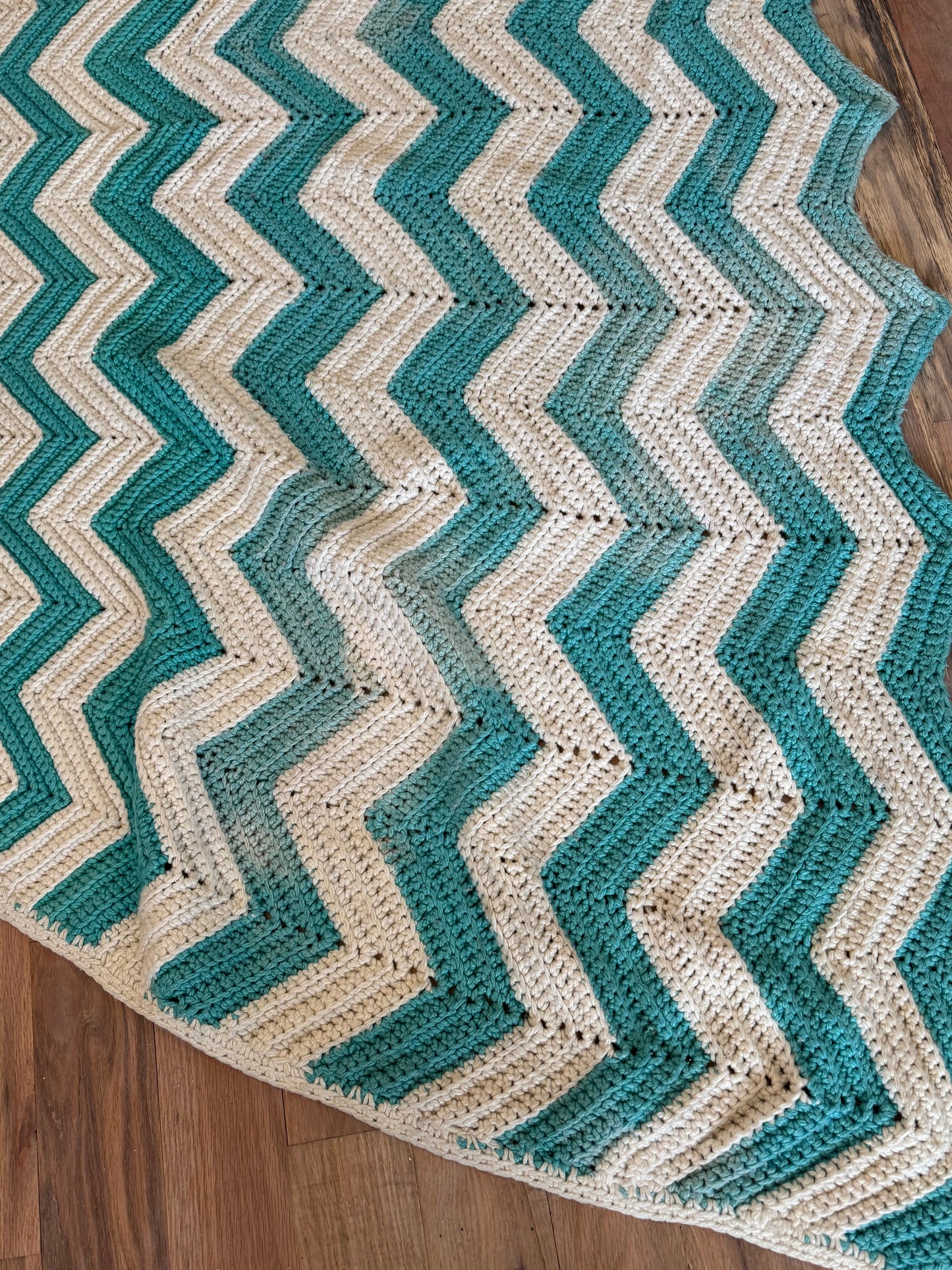 Turquoise & White Chevron Afghan - has imperfections and shown 72x50