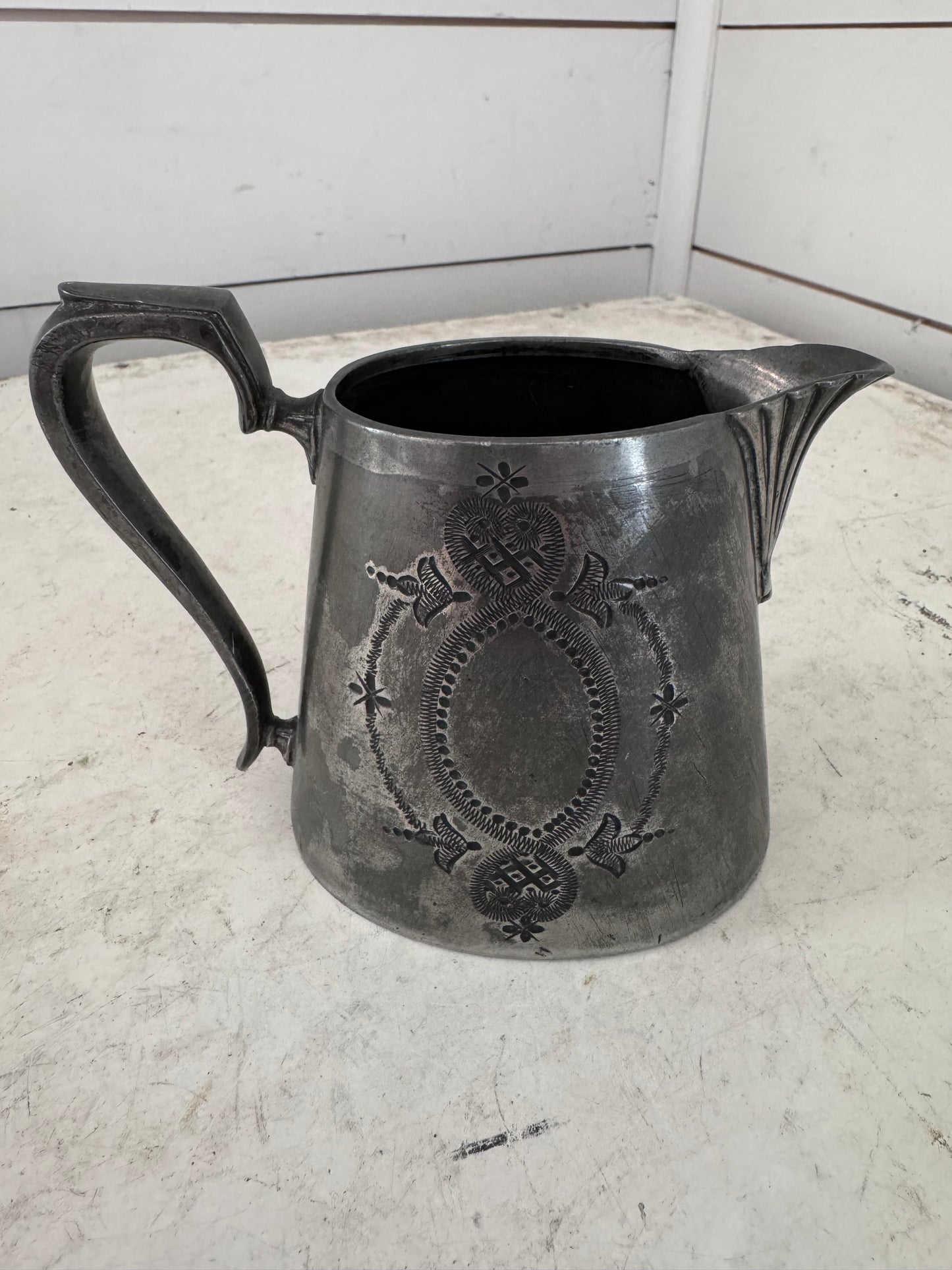 Antique Floral Engraved Victorian Pewter Creamer