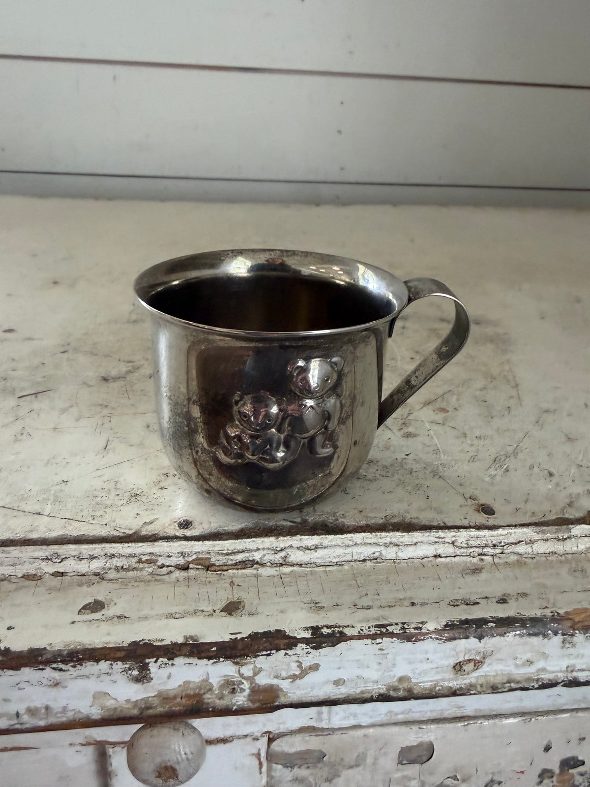 Vintage silver plated baby cup with bear on it