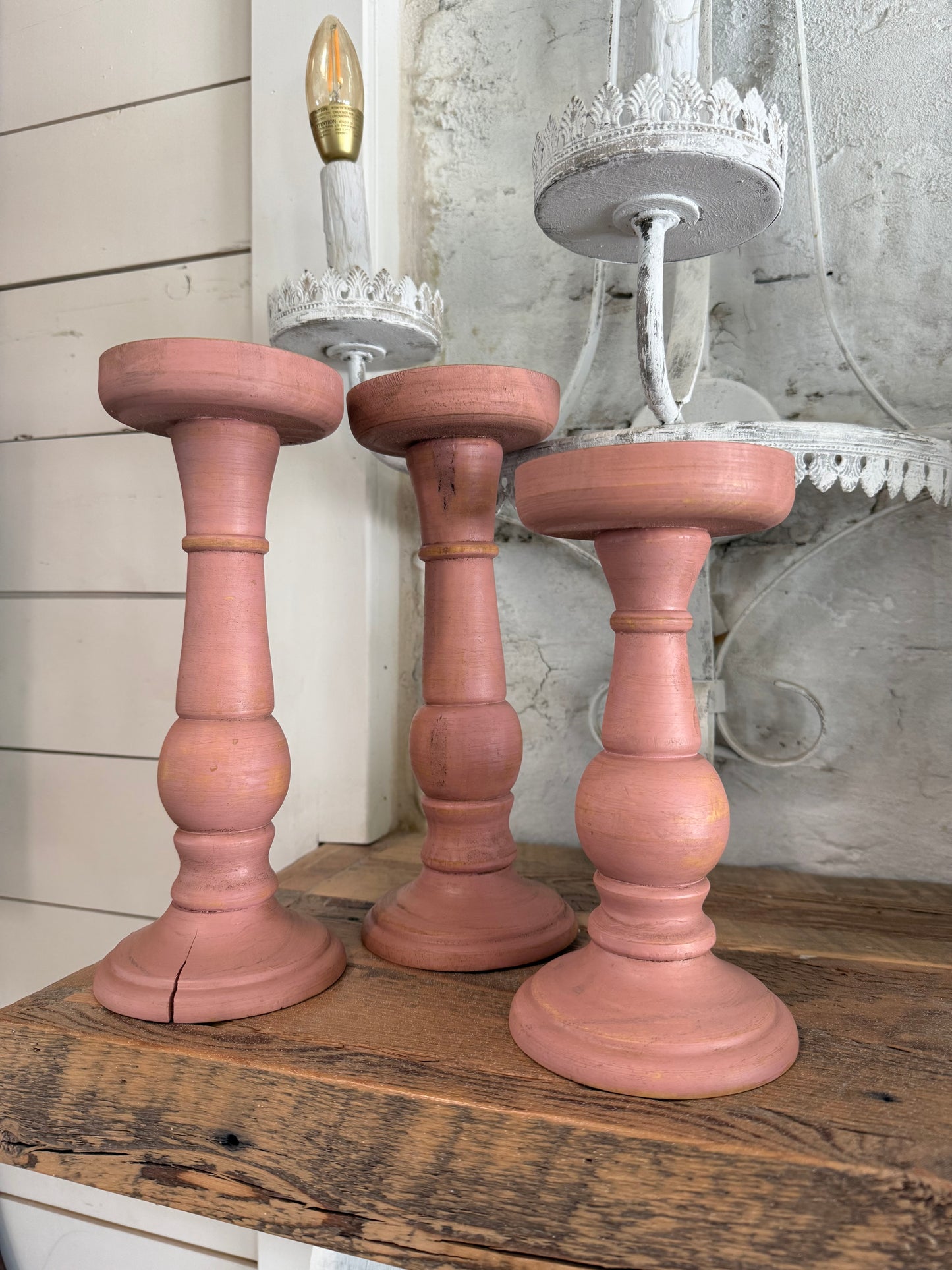 Hand Painted Pink Set of 3 Candlesticks