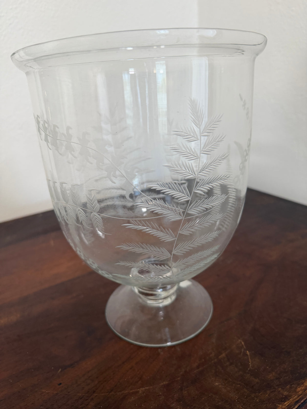 Etched Glass Footed Hurricane Vase