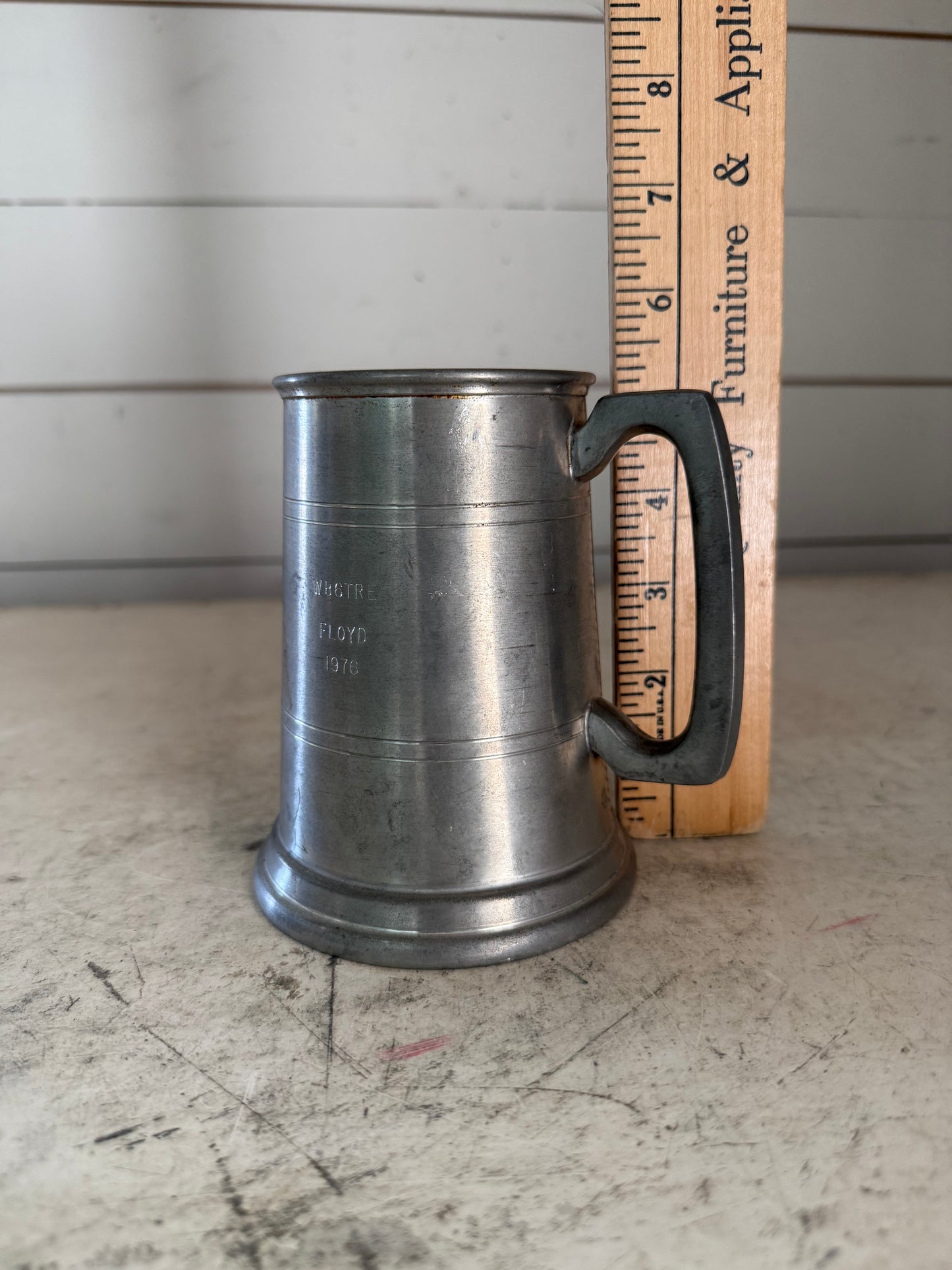 Engraved English pewter tankered with glass bottom