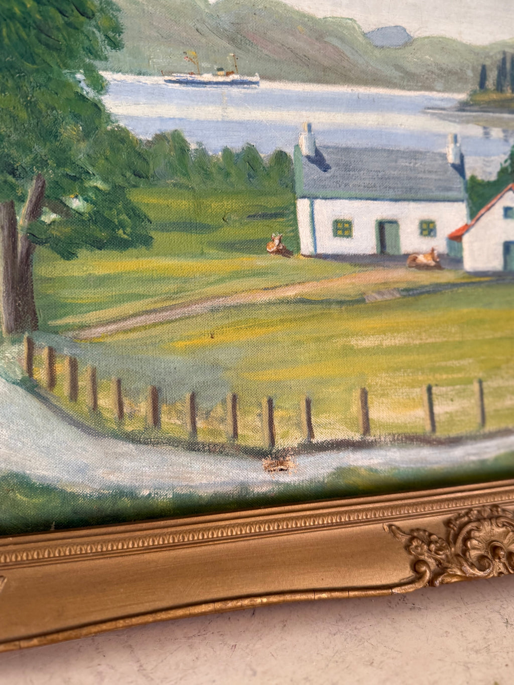 Original English Cottage & Lake Antique Art with Frame - as is see damage as shown