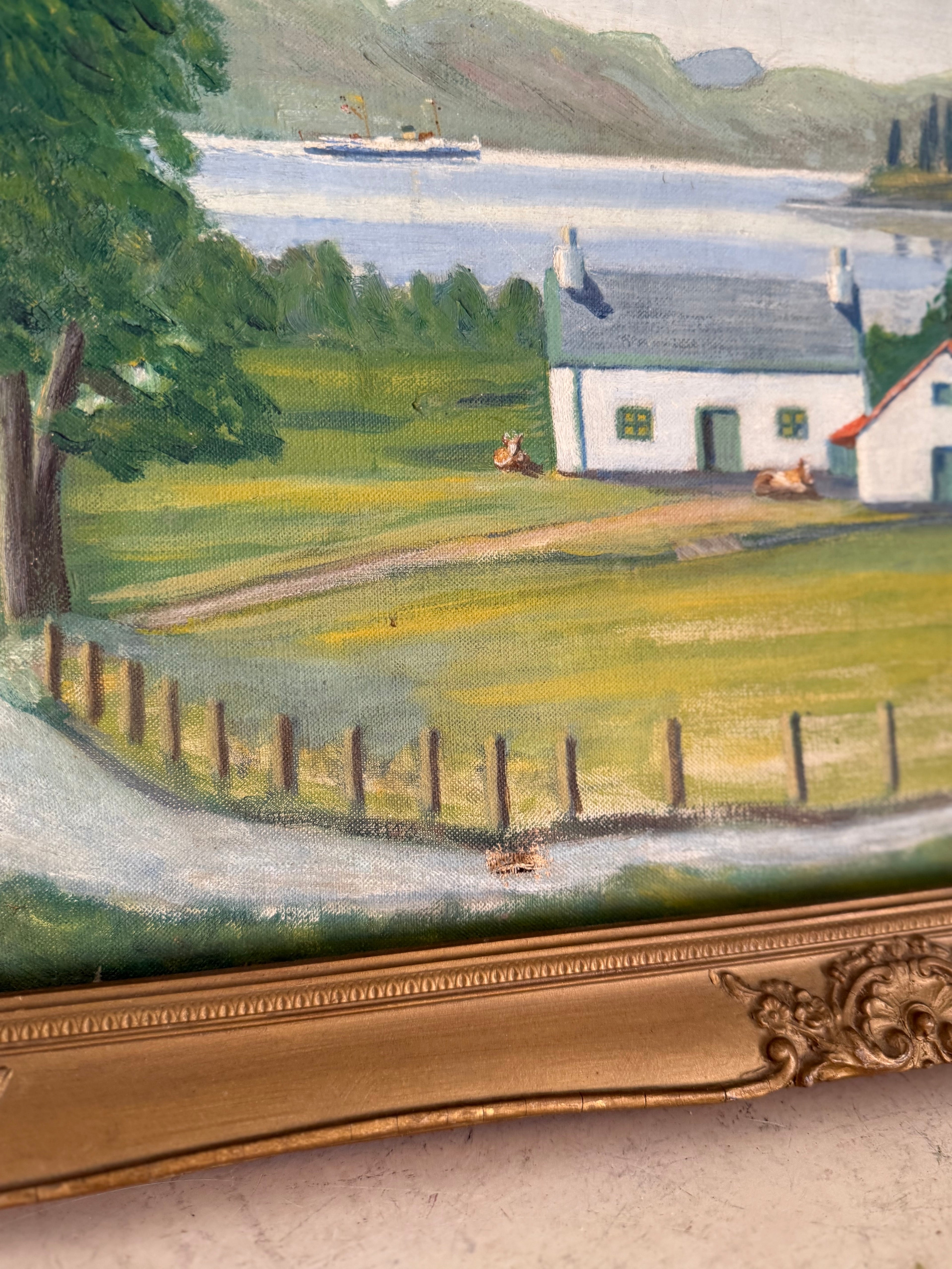 Original English Cottage & Lake Antique Art with Frame - as is see damage as shown