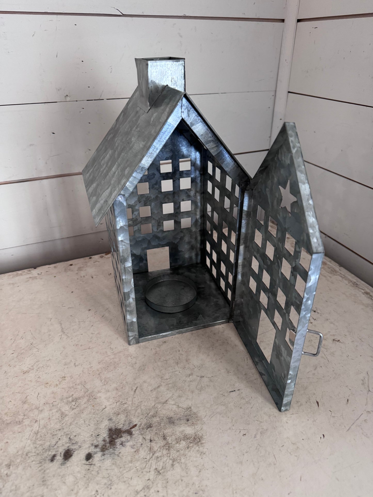 Galvanized village house candle holder