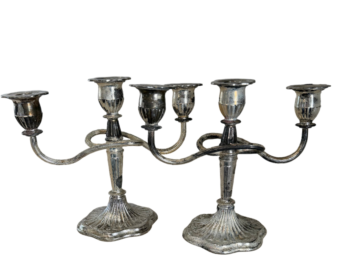 Vintage English Silver Plate on zinc Pair Of 3 Holder Candelabras - as is