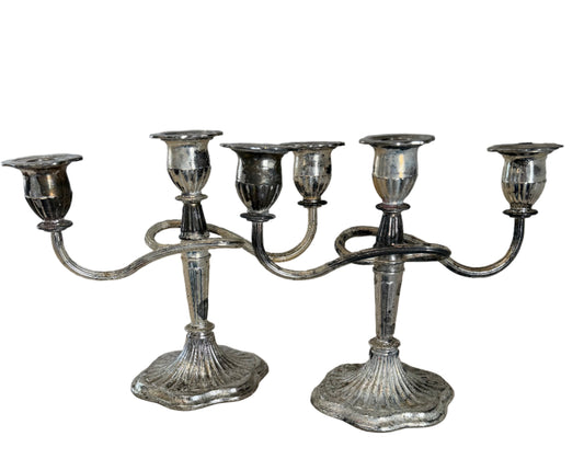 Vintage English Silver Plate on zinc Pair Of 3 Holder Candelabras - as is