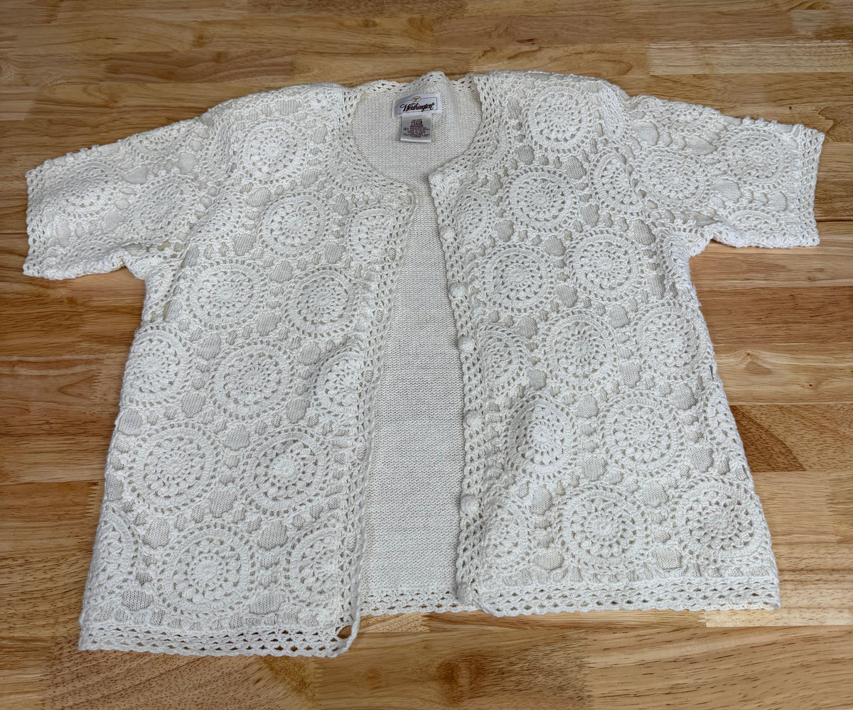Vintage Worthington Lacey Crochet Short Sleeve Cardigan Large