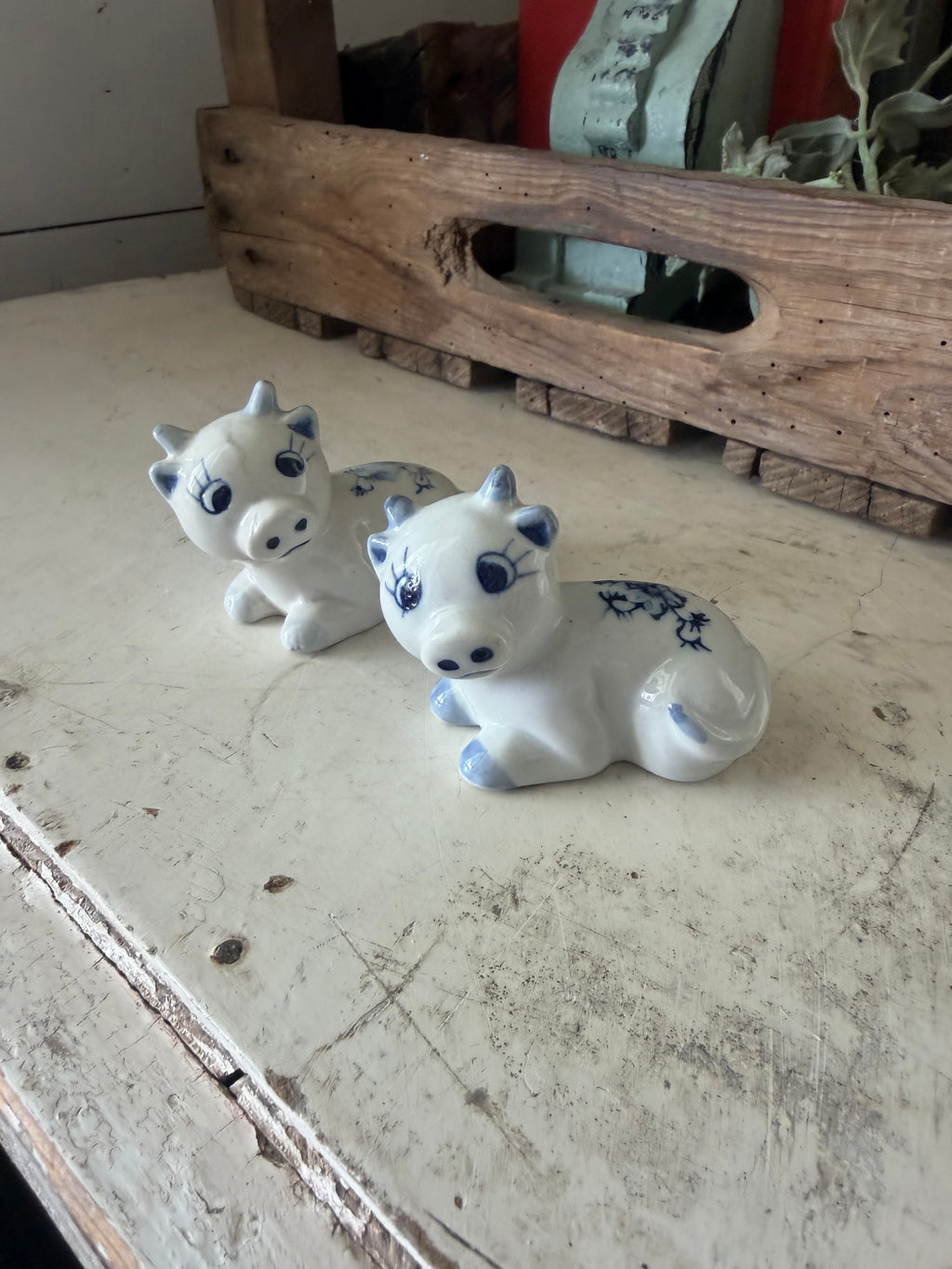 Ceramic Vintage White Cows Figurines With Blue Flowers