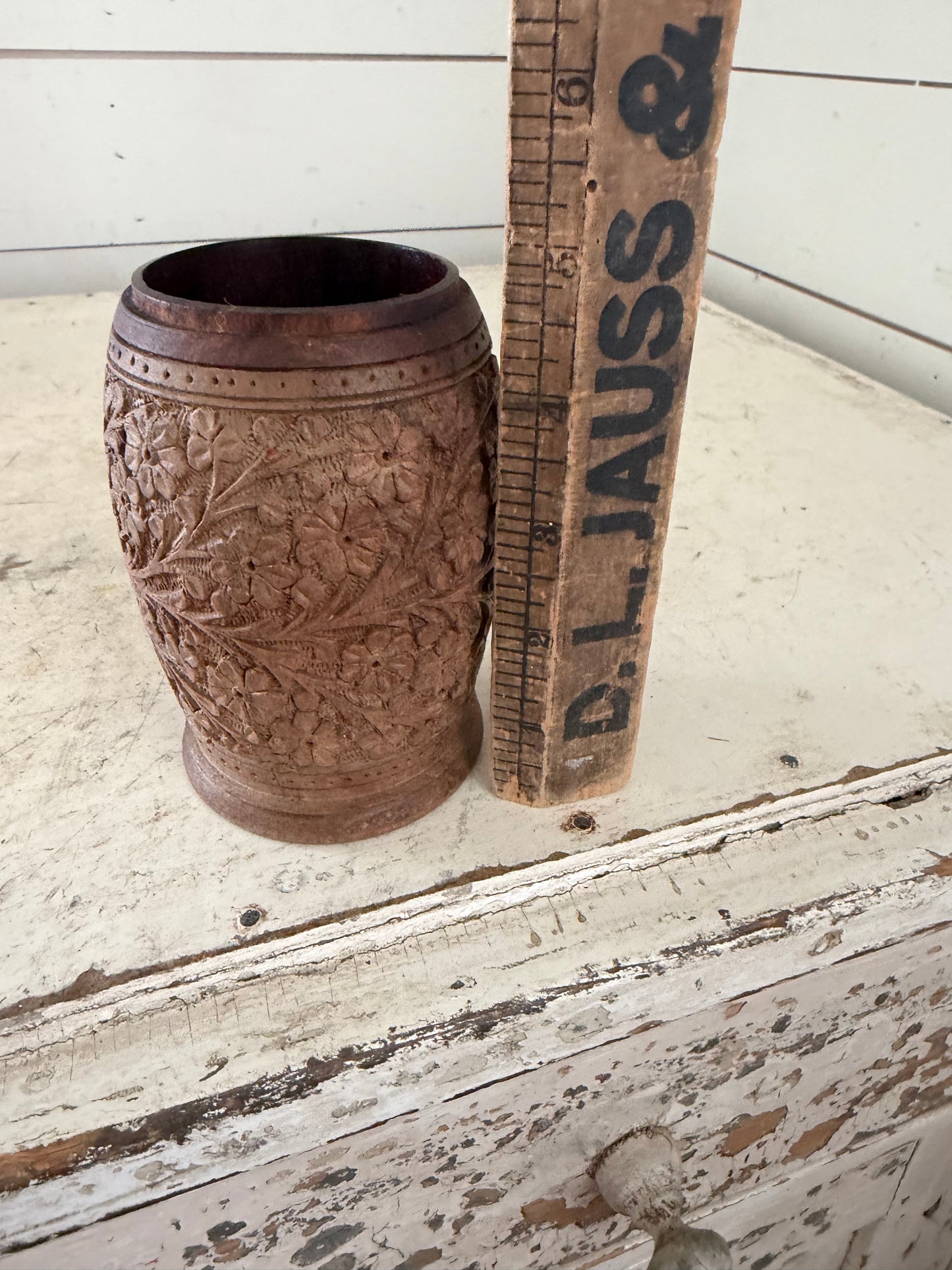 Floral carved wooden cup
