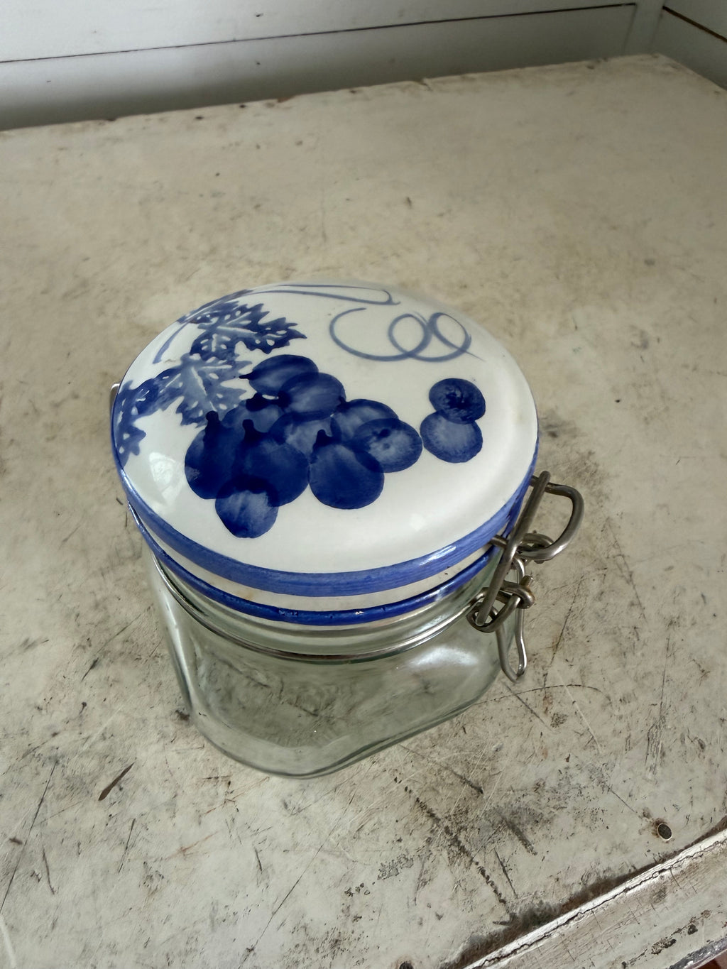 Vintage Italy Canning Square Glass Jar w/ Blue White Chinoiserie Ceramic Lid & Latch