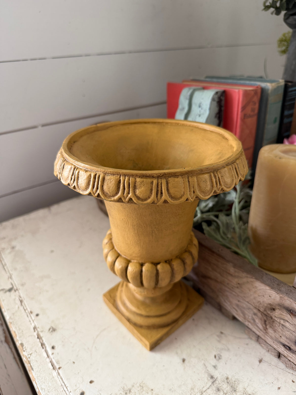 Hand painted Yellow Urn 9”