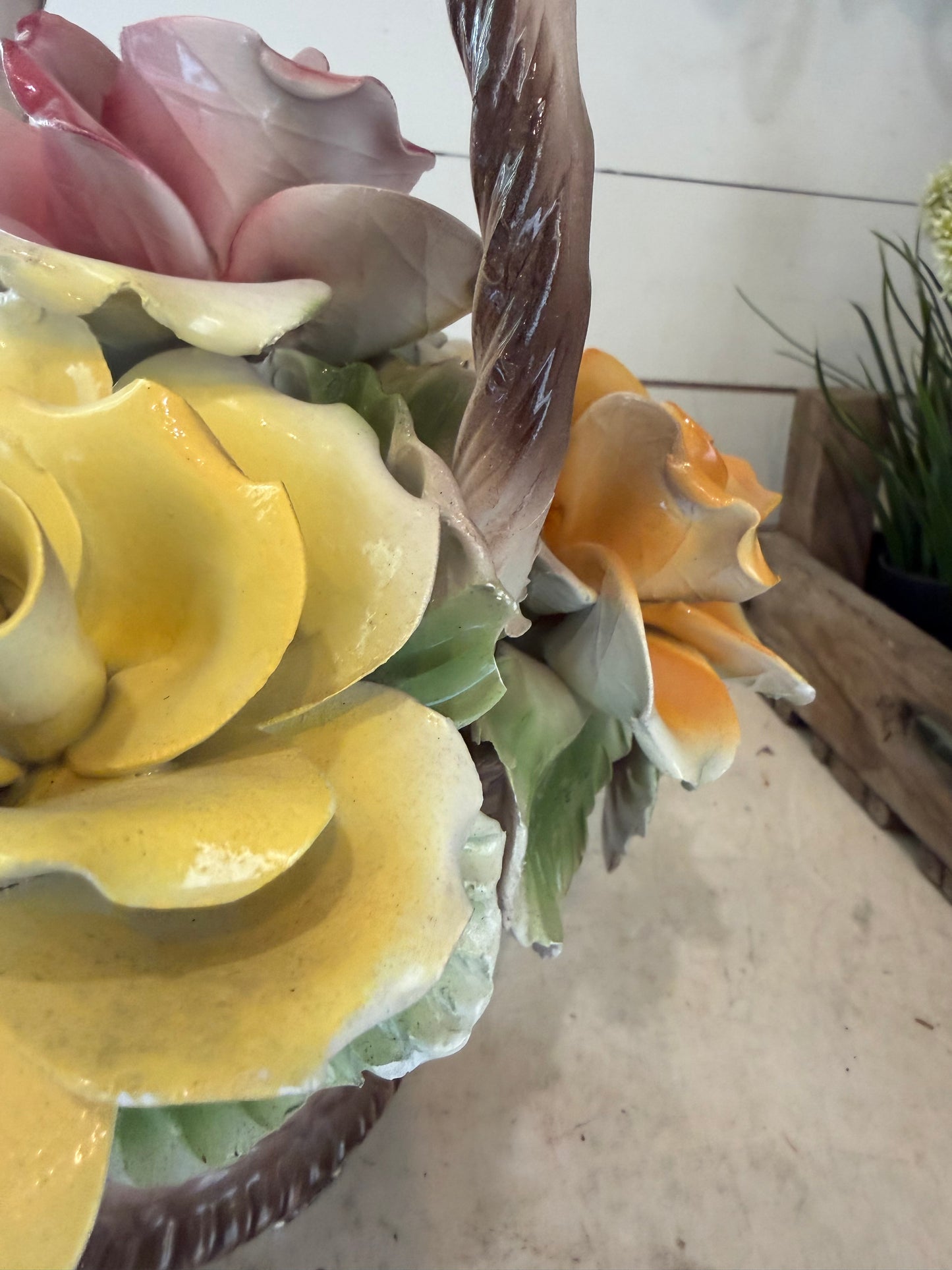 Large Capodimonte, Italy, Porcelain, Basket of Posies, Rose Flowers, Vintage small chips and imperfections as shown