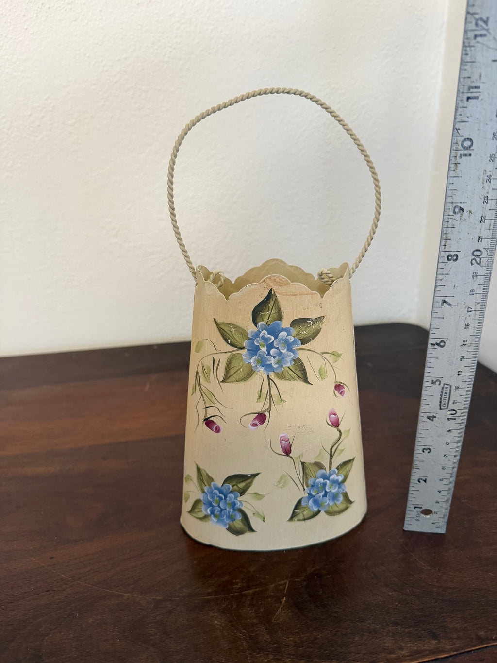 Vintage Metal Wall Hanging Pocket With Tole Style Floral