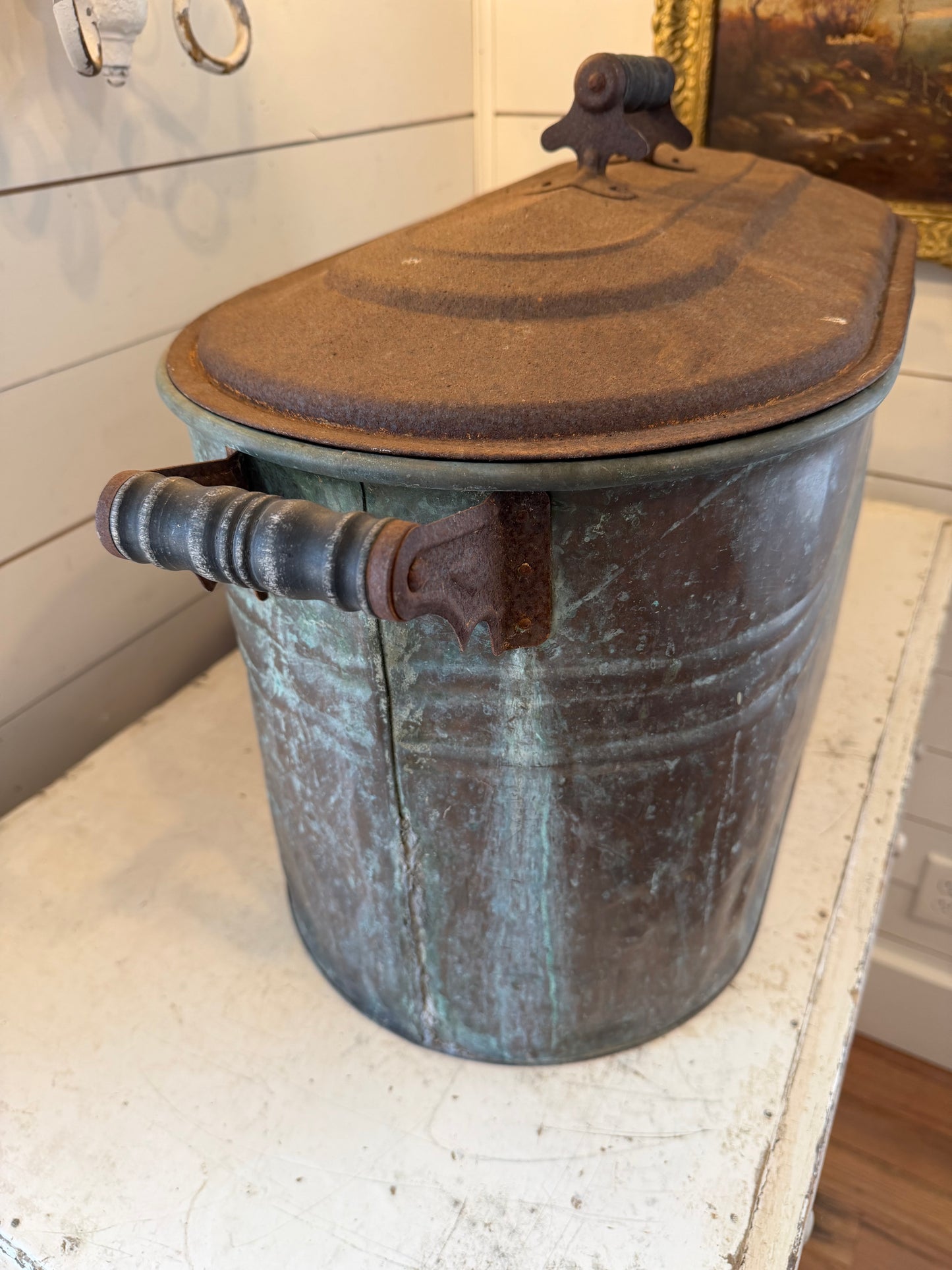 Antique copper boiler wash tub with tin lid