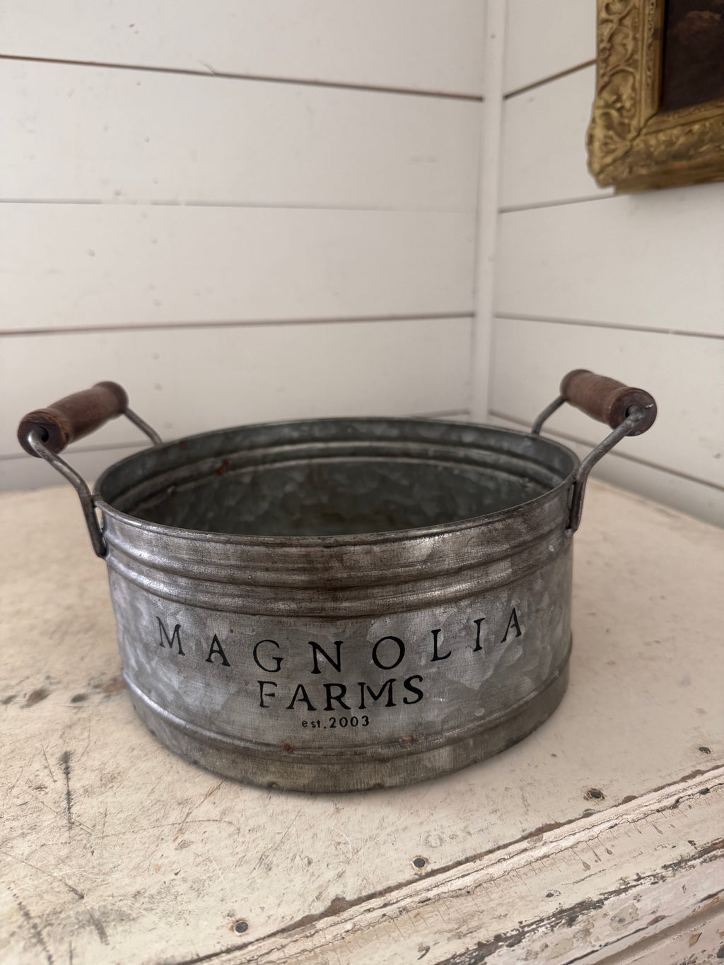 Magnolia Farms 2003 WACO TX Galvanized Metal Bucket Wood Handles Farmhouse Bin