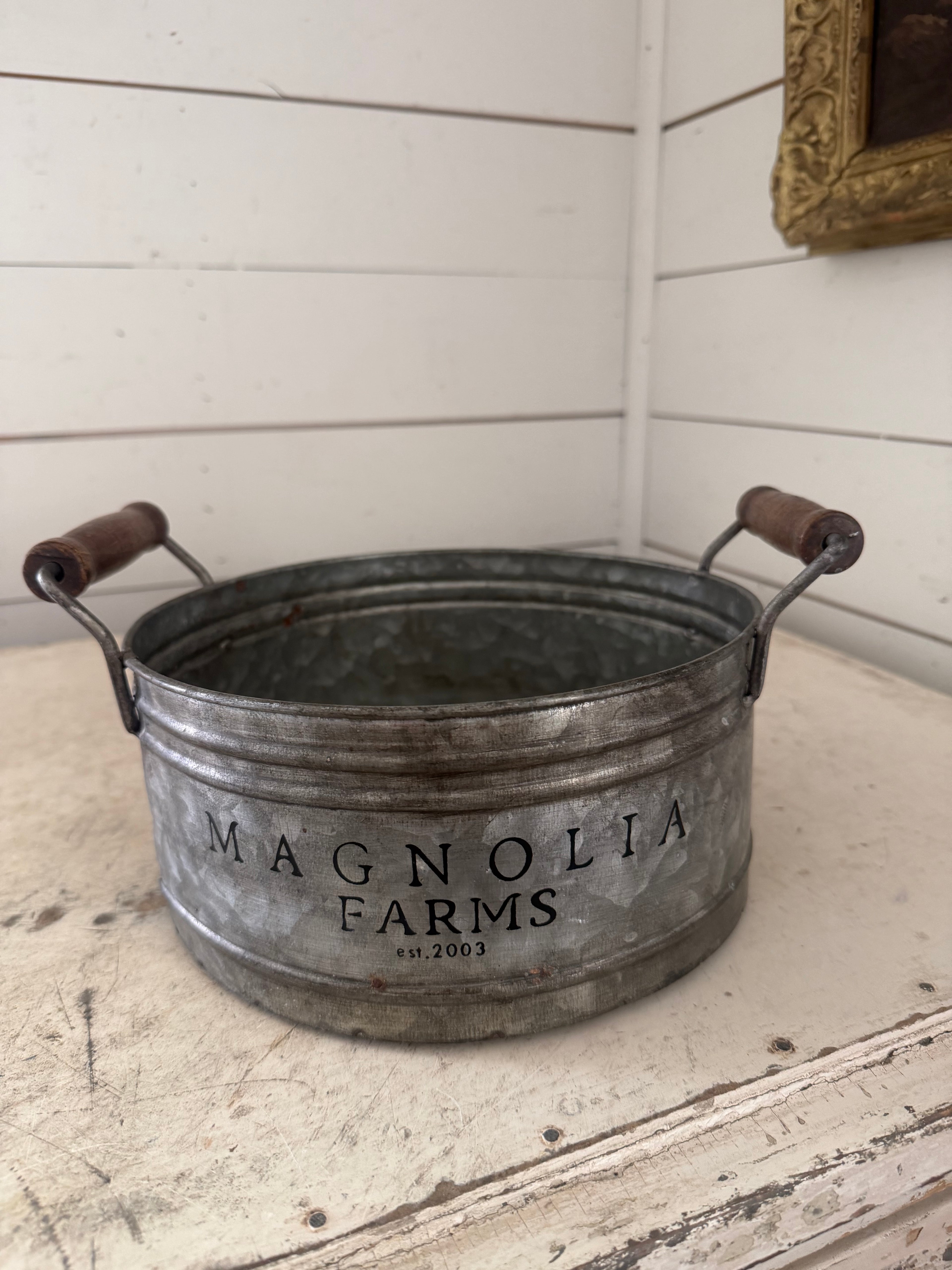 Magnolia Farms 2003 WACO TX Galvanized Metal Bucket Wood Handles Farmhouse Bin