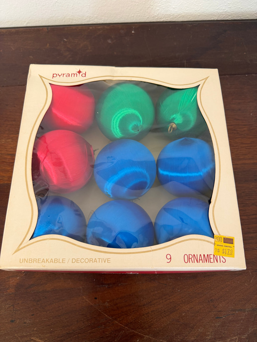 Vintage Boxed Set Of Nine Pyramid Unbreakable Spun Satin Christmas Ornaments