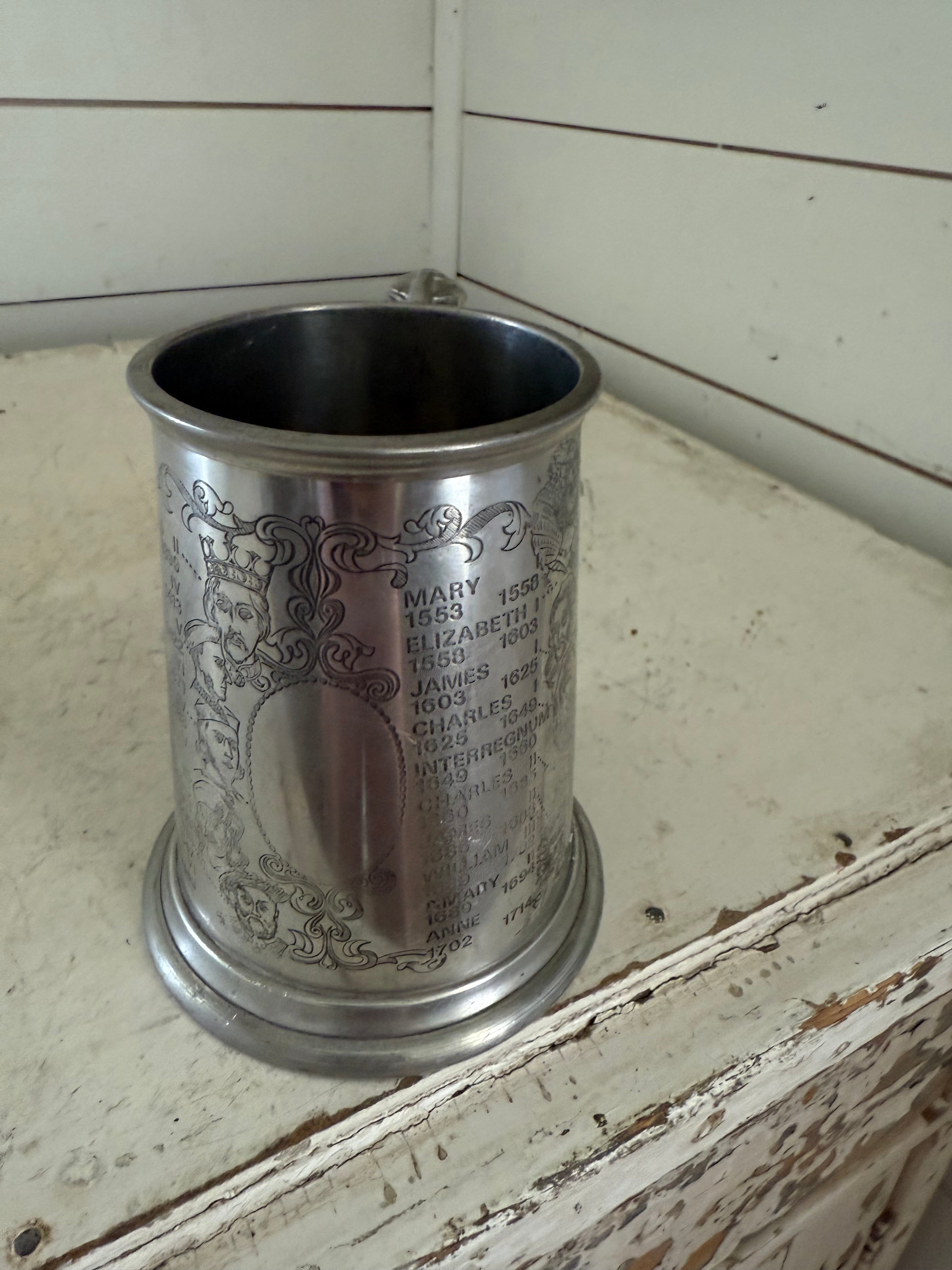 Vintage Kings and Queens pewter tankard Beer Stein Sheffield England Engraved