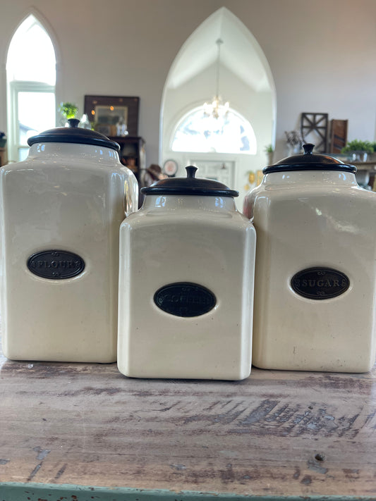 Set of 3 Aged Cream Ceramic Canisters with Mango Wood Lids & Brass Labels