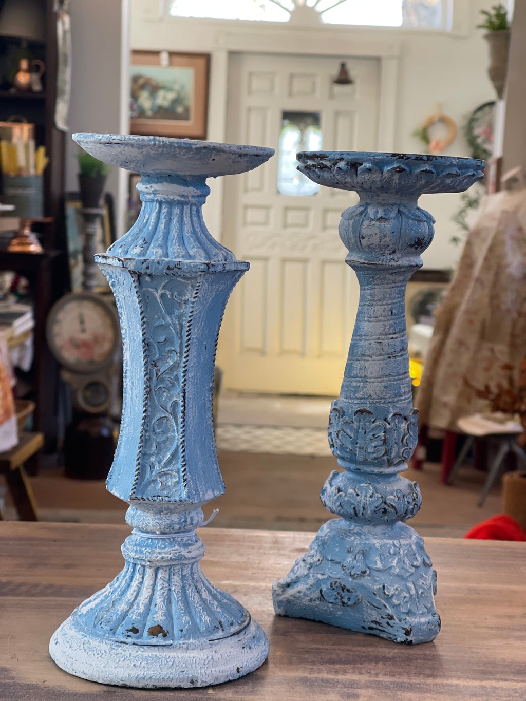 Set of two chippy French country candlesticks