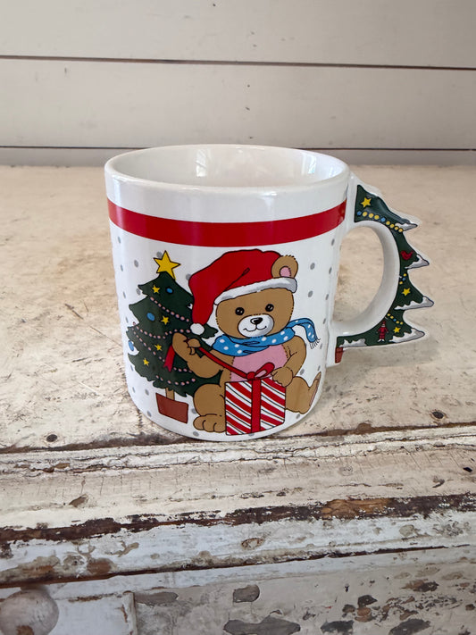 Christmas mug with teddy bear and Christmas tree shaped handle
