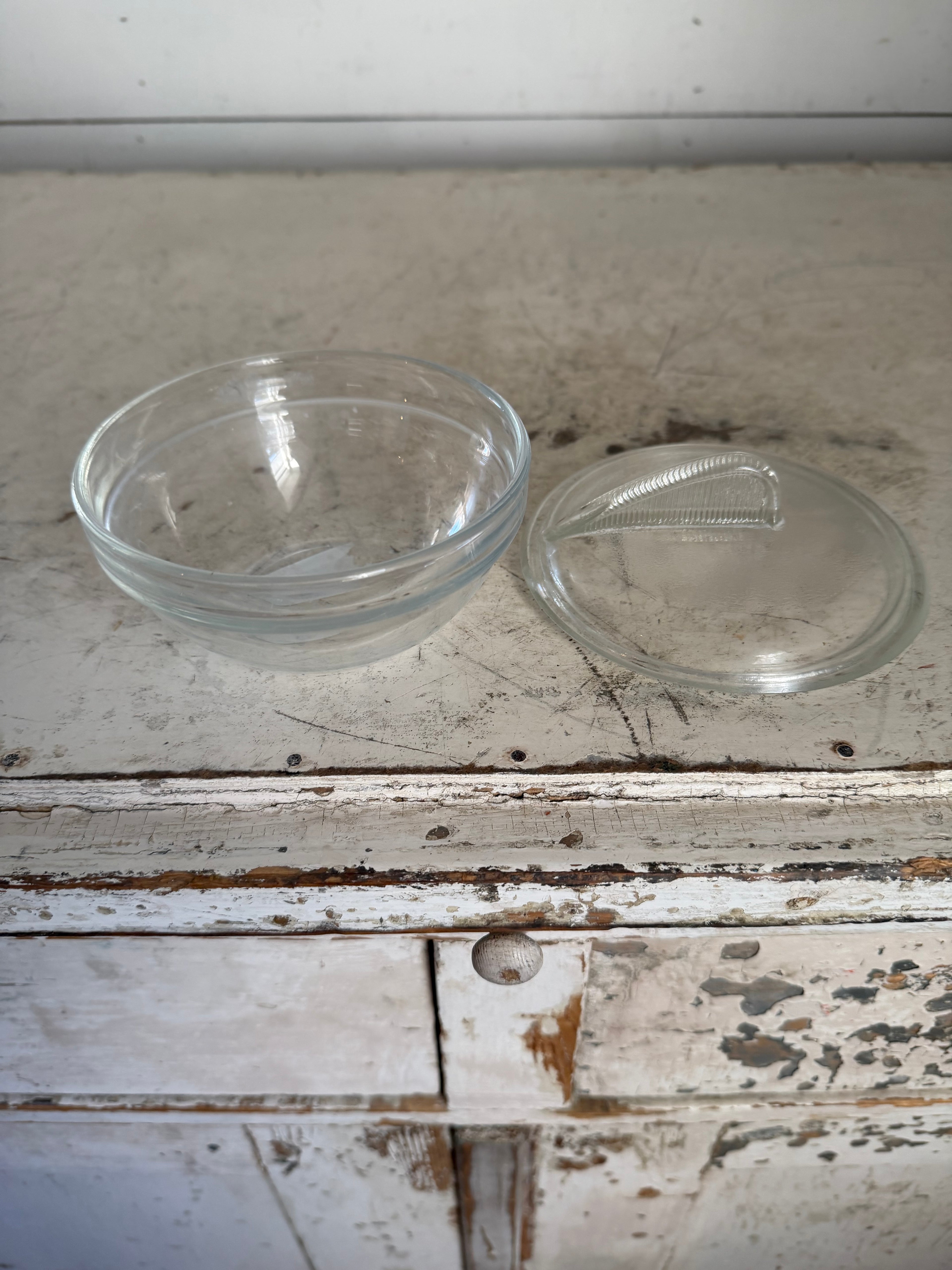 vintage Glasbake clear glass covered serving dish with fin