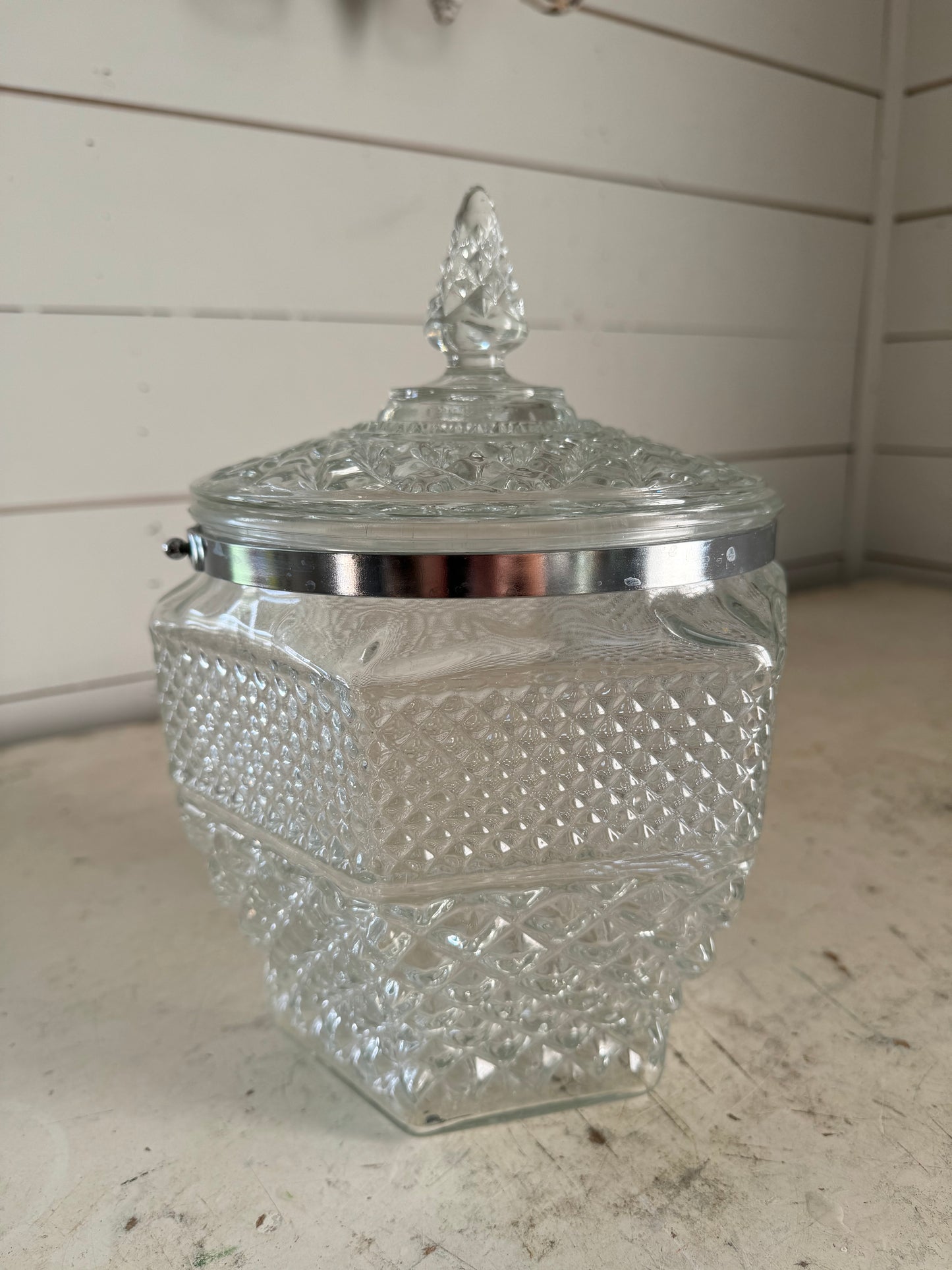 Vintage Glass Anchor Hocking Wexford Ice Bucket w/Lid Chrome Accents No Handle