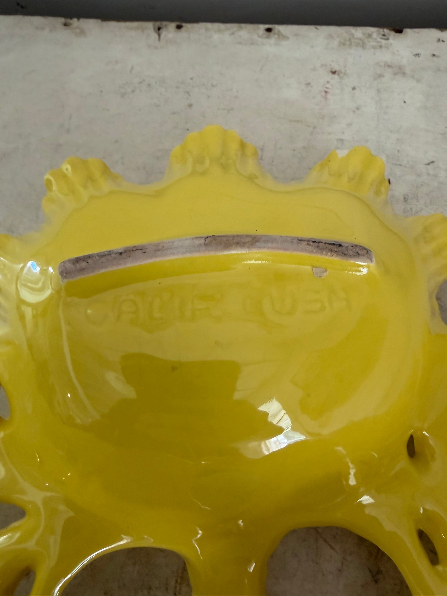 Vintage yellow ceramic dish California Pottery divided leaf relish Tray - Has Some Chips