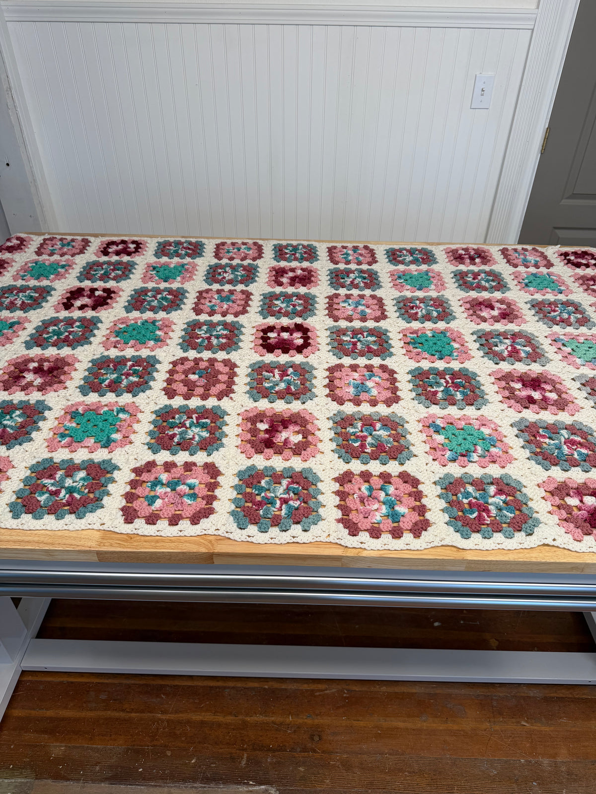 Vintage Granny Square Afghan - pink, rose teal and cream