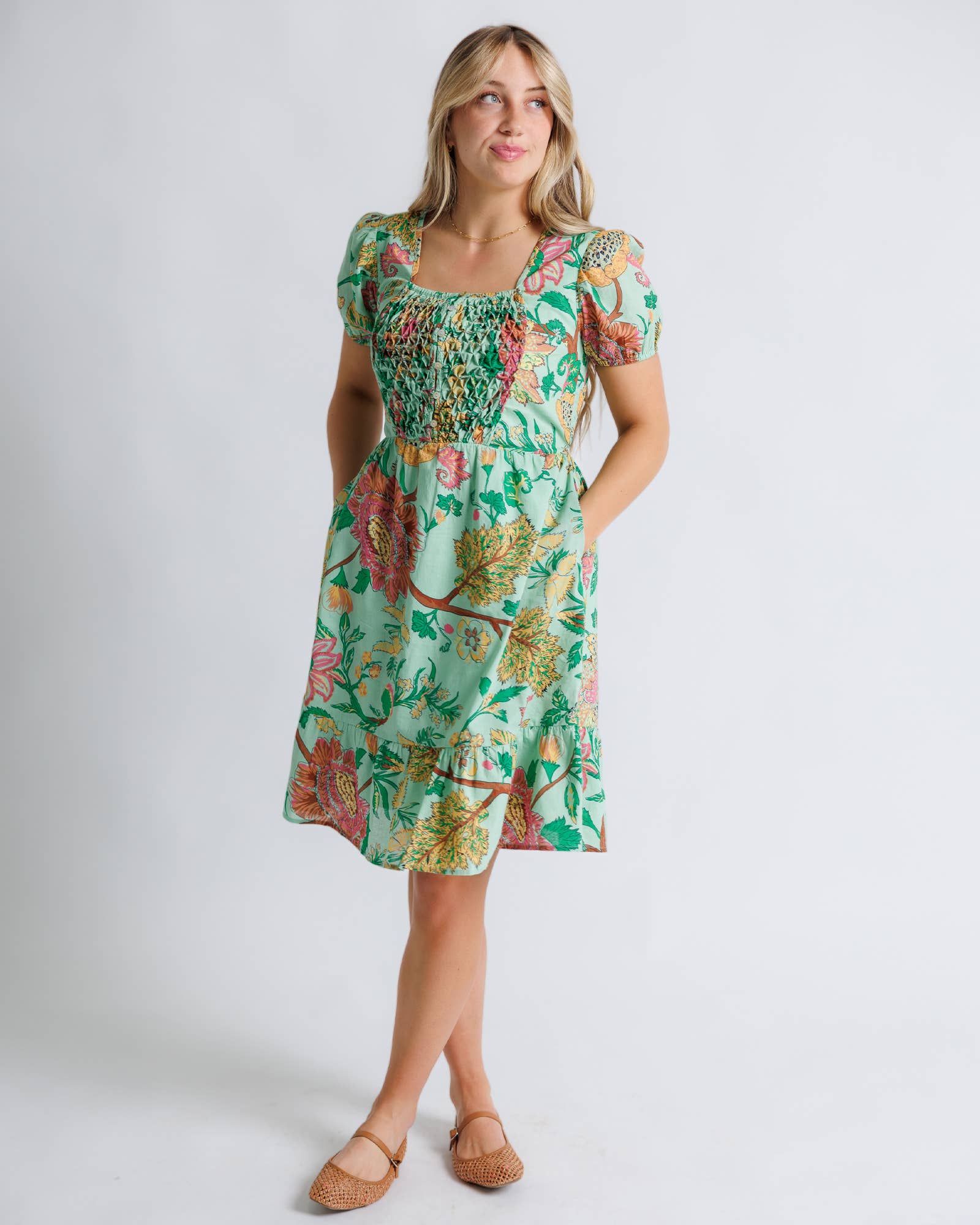Hazel Green Floral Short Sleeve Knee Length Dress