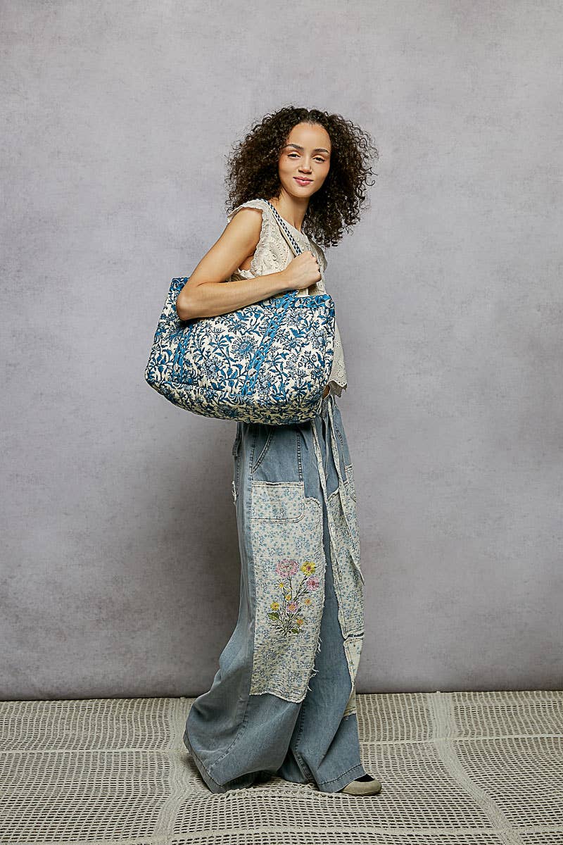 Bohemian Block Print Floral Print Woven Tote Bag