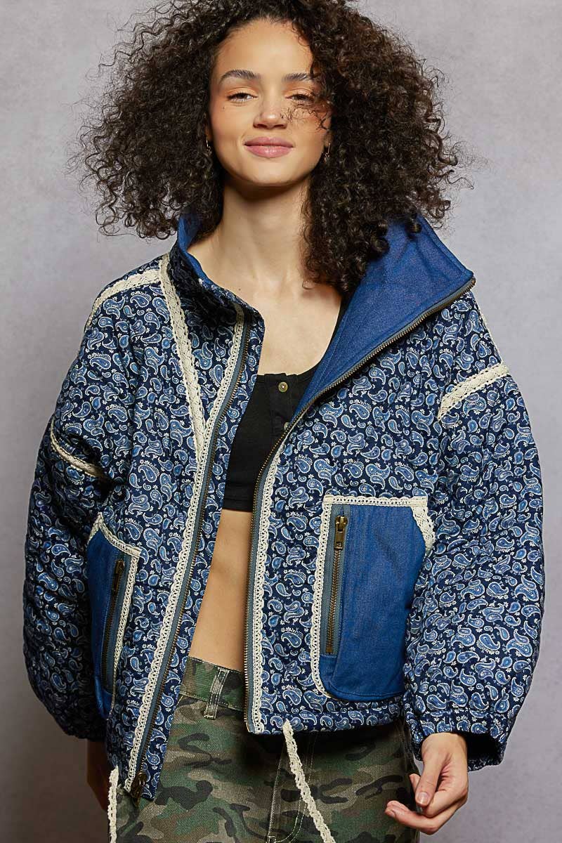 Paisley Pattern Lace Trim Reversible Padded Jacket