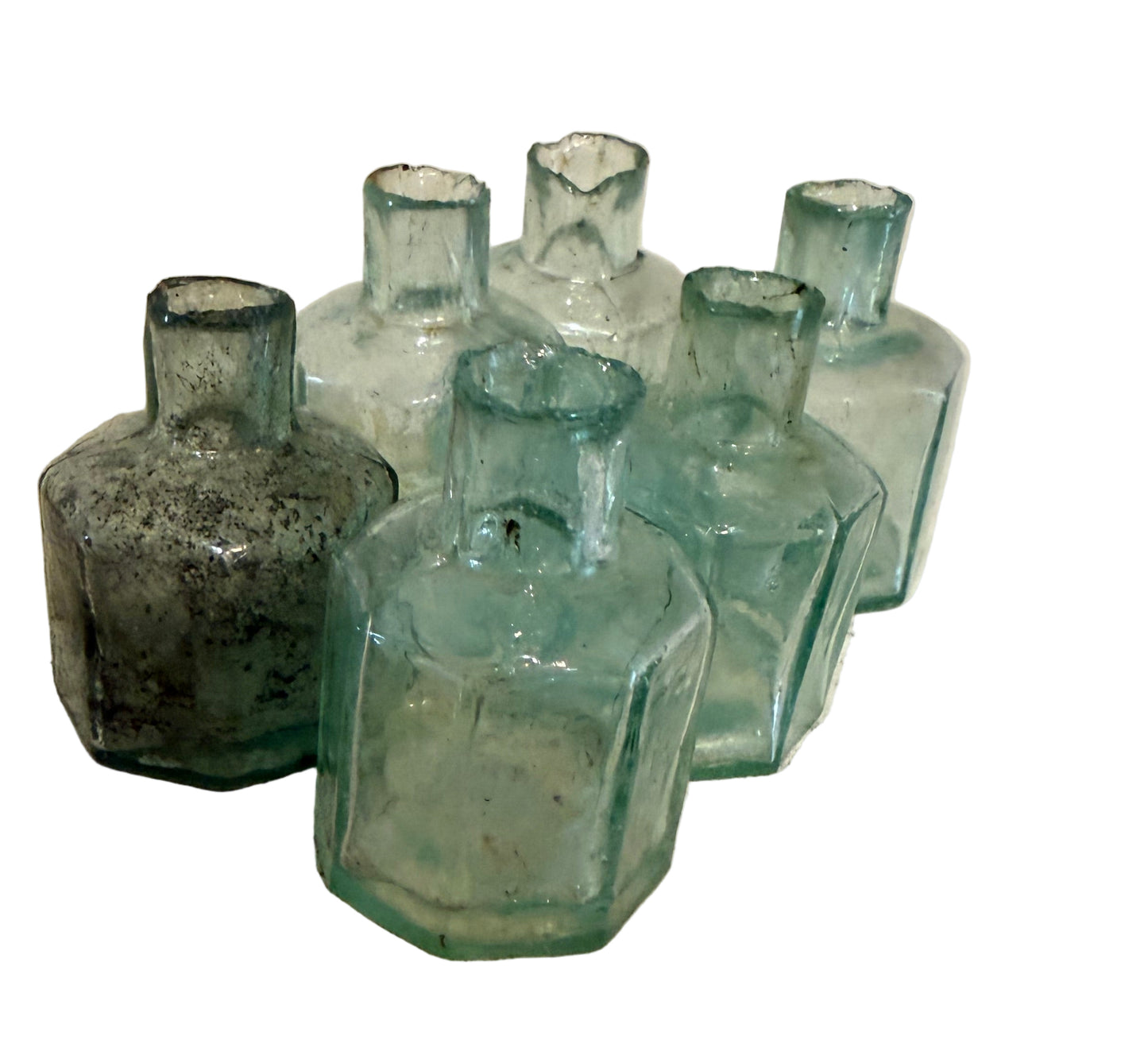 Antique Inkwell Green Hue Handcrafted Blown Glass Sheared Lip break away - sold individually picked at random