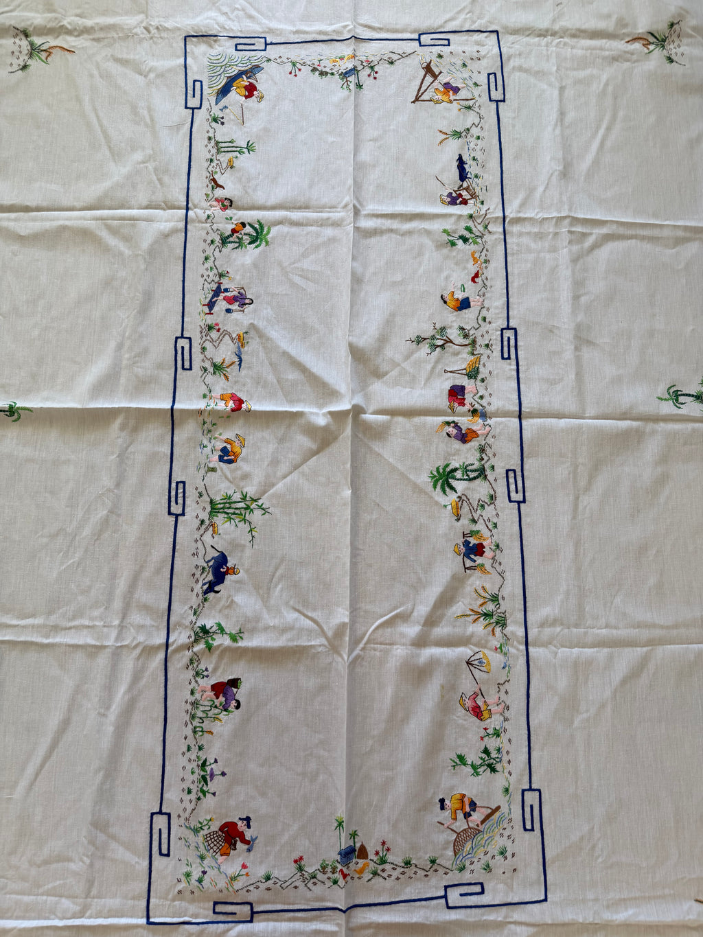 Antique Oriental Country‎ Lifestyle Hand Embroidered Tablecloth 95” X 53” Mint