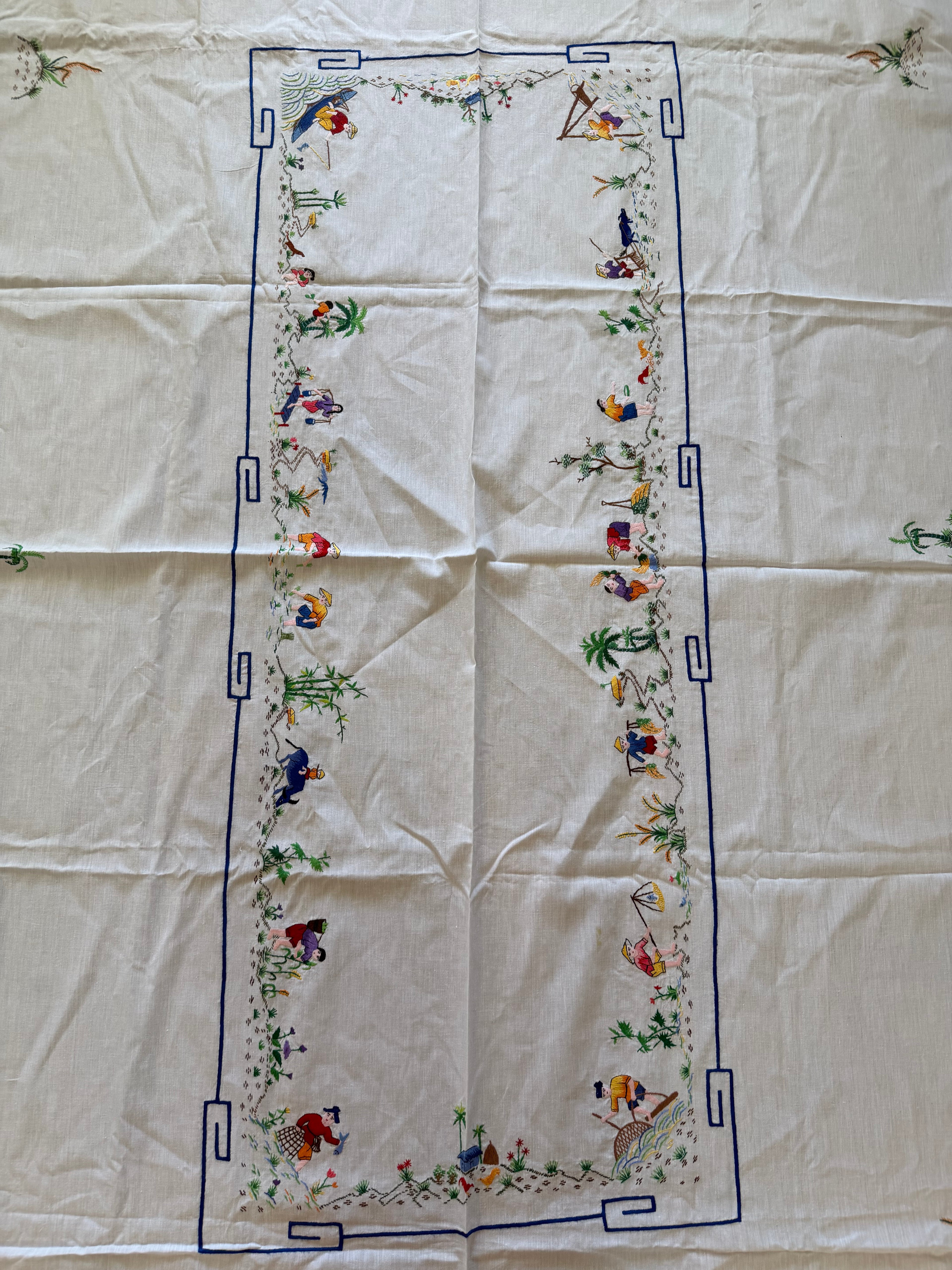 Antique Oriental Country‎ Lifestyle Hand Embroidered Tablecloth 95” X 53” Mint