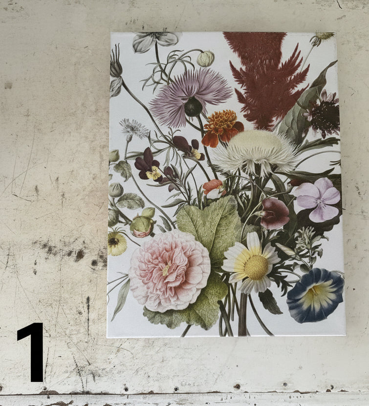 Canvas floral art sold individually will get wood framed with salvage wood