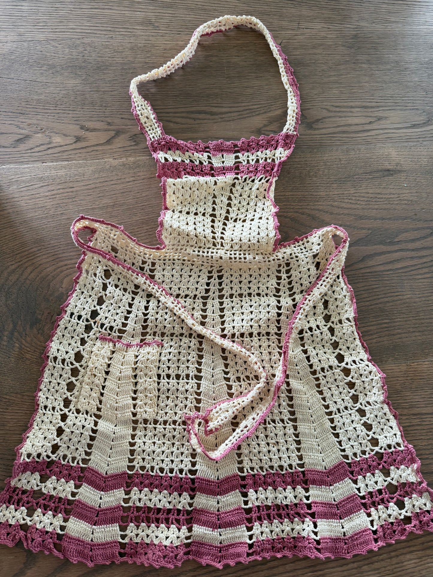 Vintage Child’s Hand Crocheted Full Apron - Pink & White