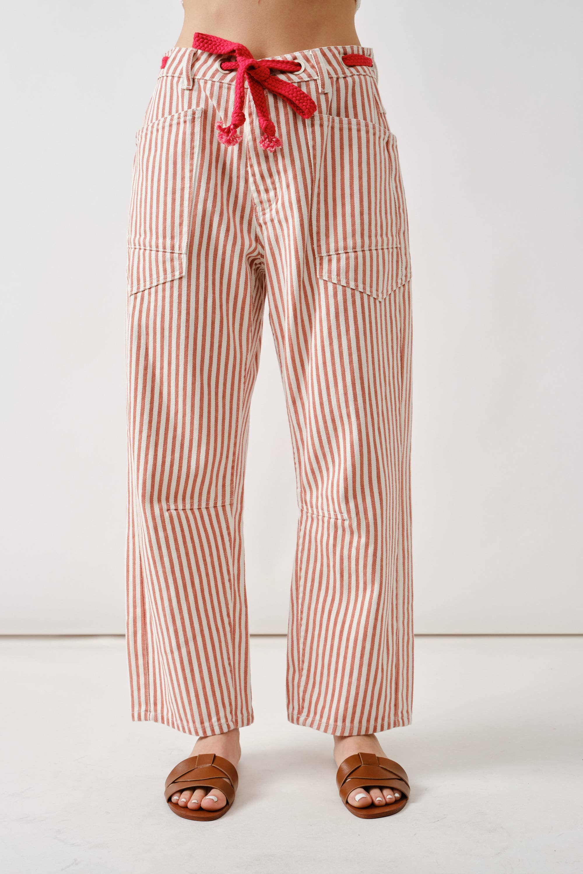 Red & White Barrel Pants with Eyelet Tie Waist